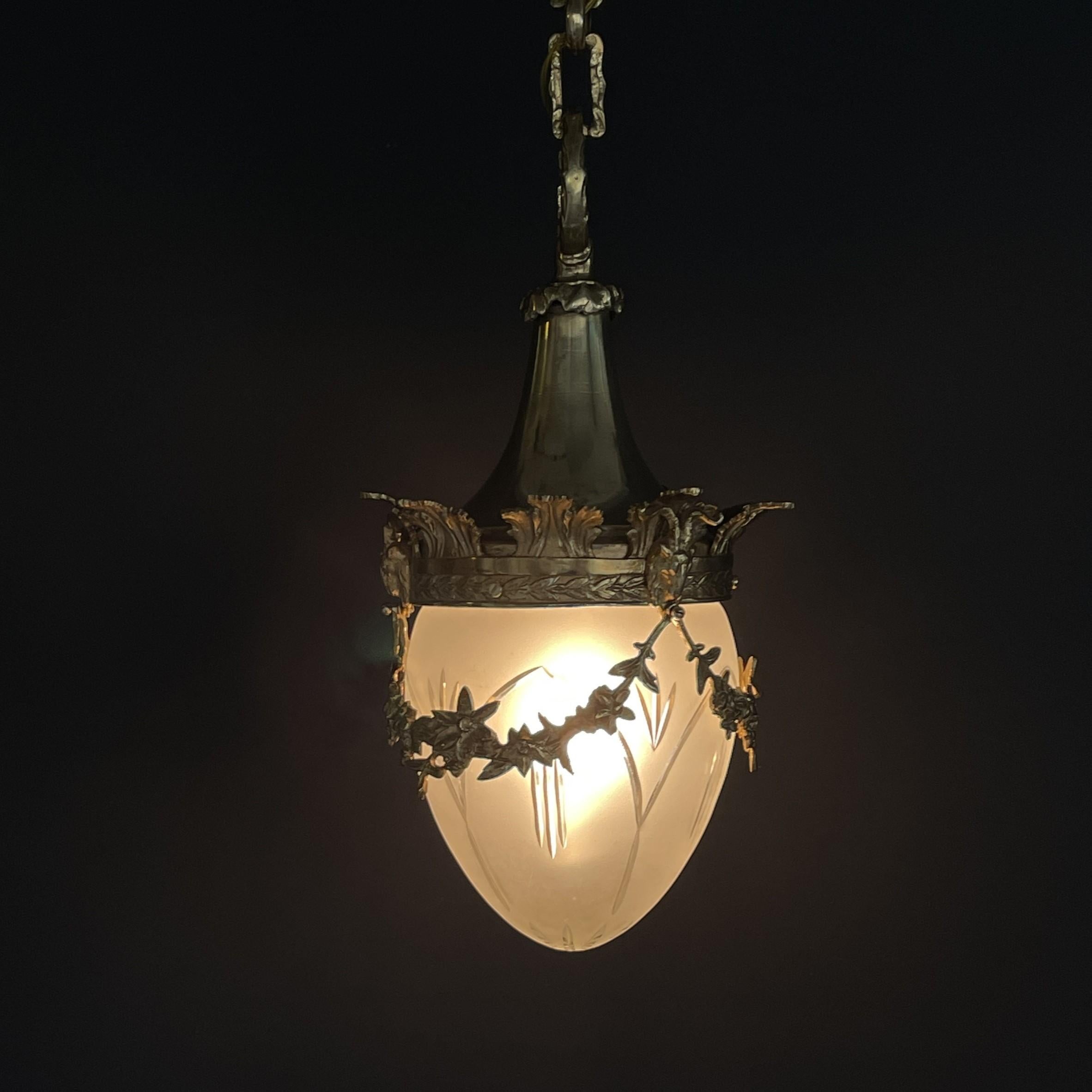 Art Nouveau Hanging Lamp Bronze, Teardrop Shape, 1900s 2