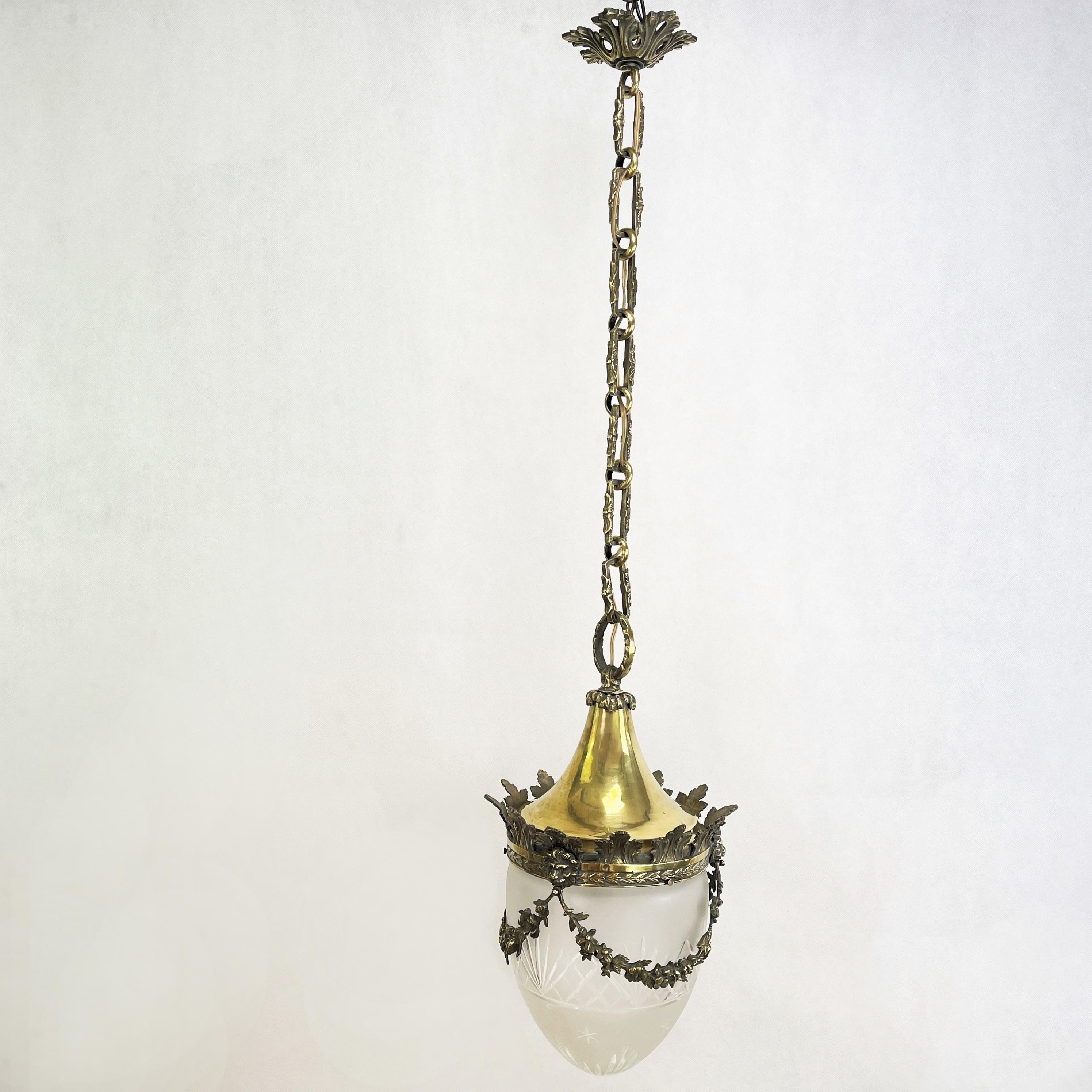 French Art Nouveau Hanging Lamp Bronze, Teardrop Shape, 1910s For Sale