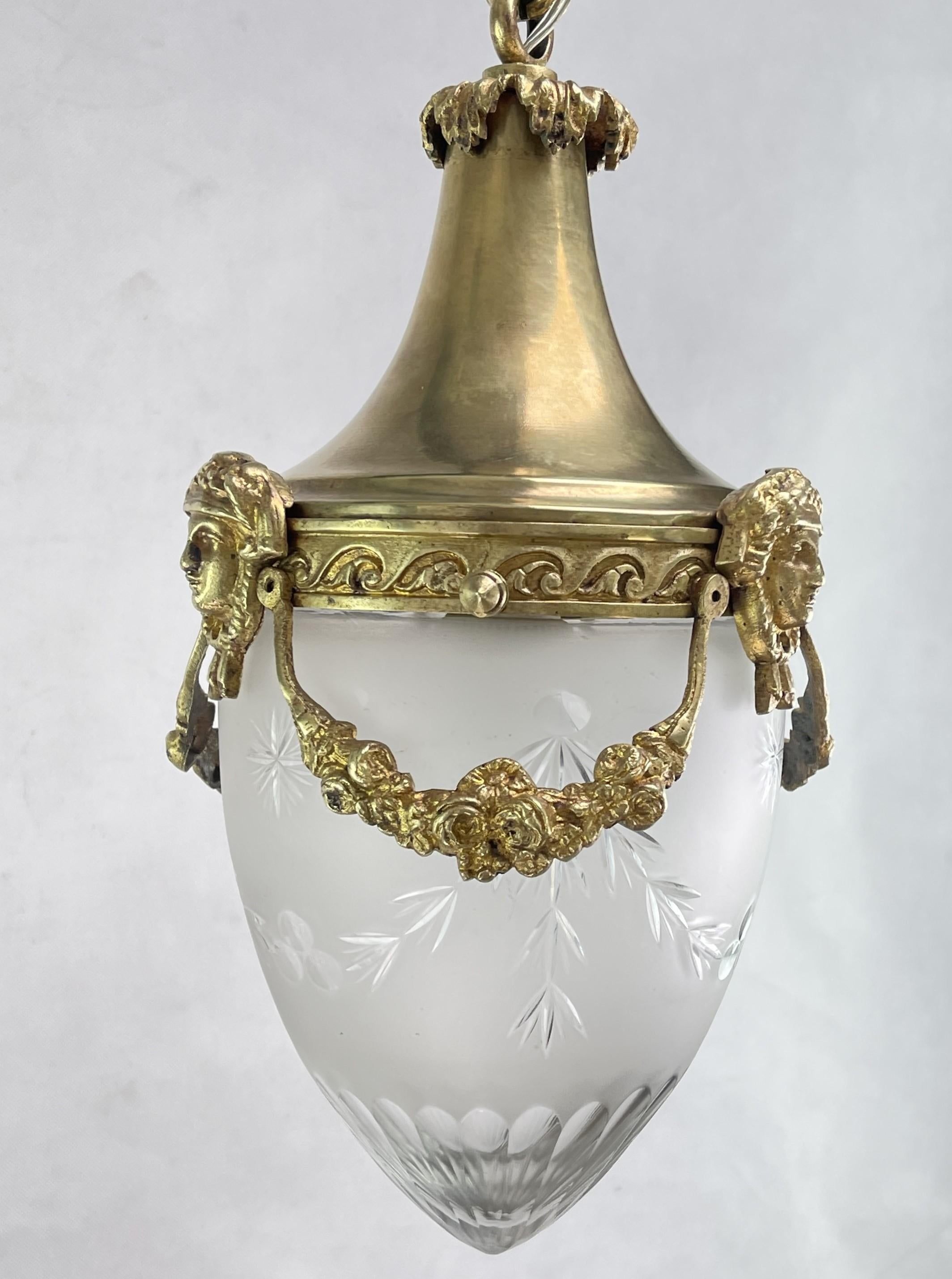 French Art Nouveau Hanging Lamp Bronze, Teardrop Shape, 1910s