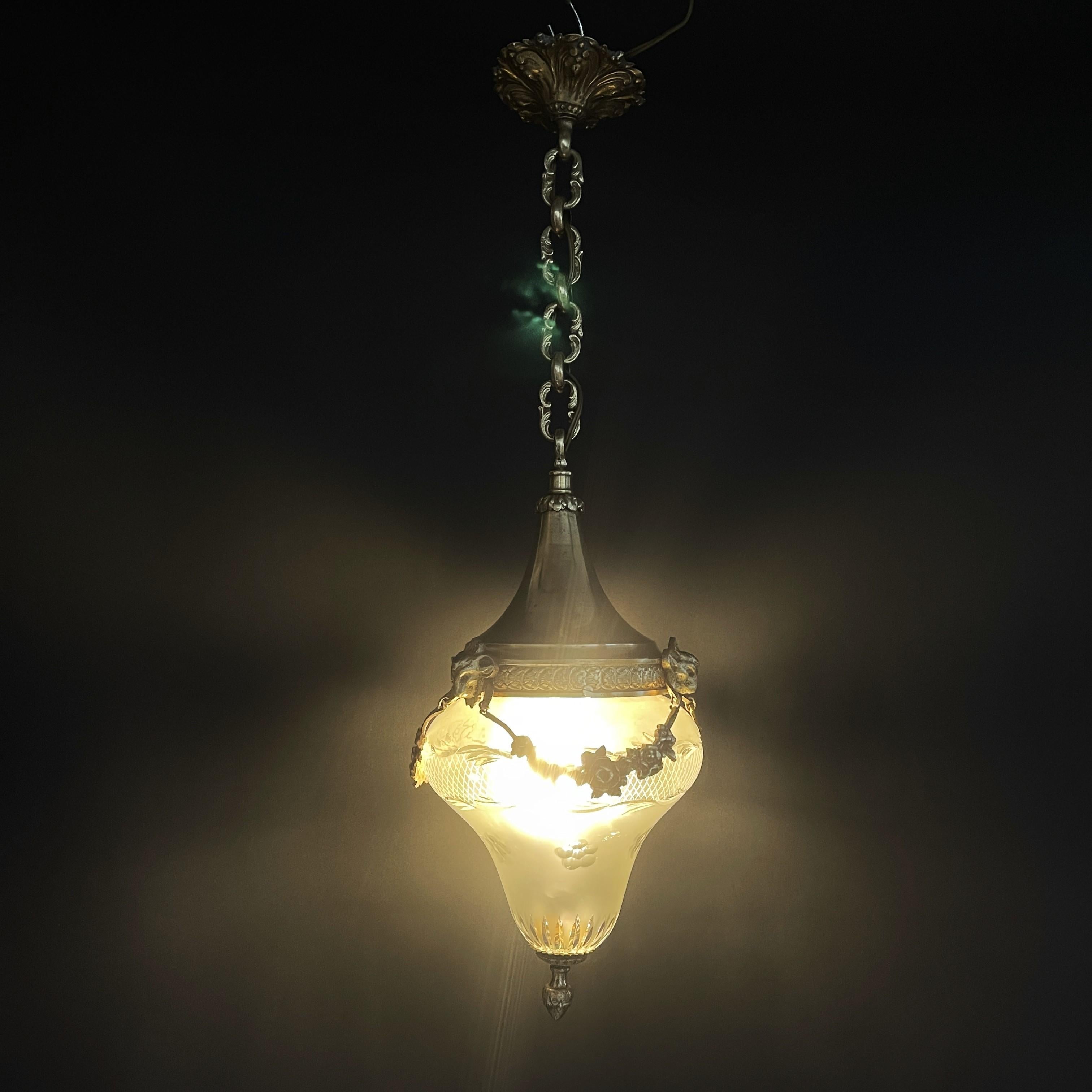 Brass Art Nouveau Hanging Lamp Bronze, Teardrop Shape, 1910s