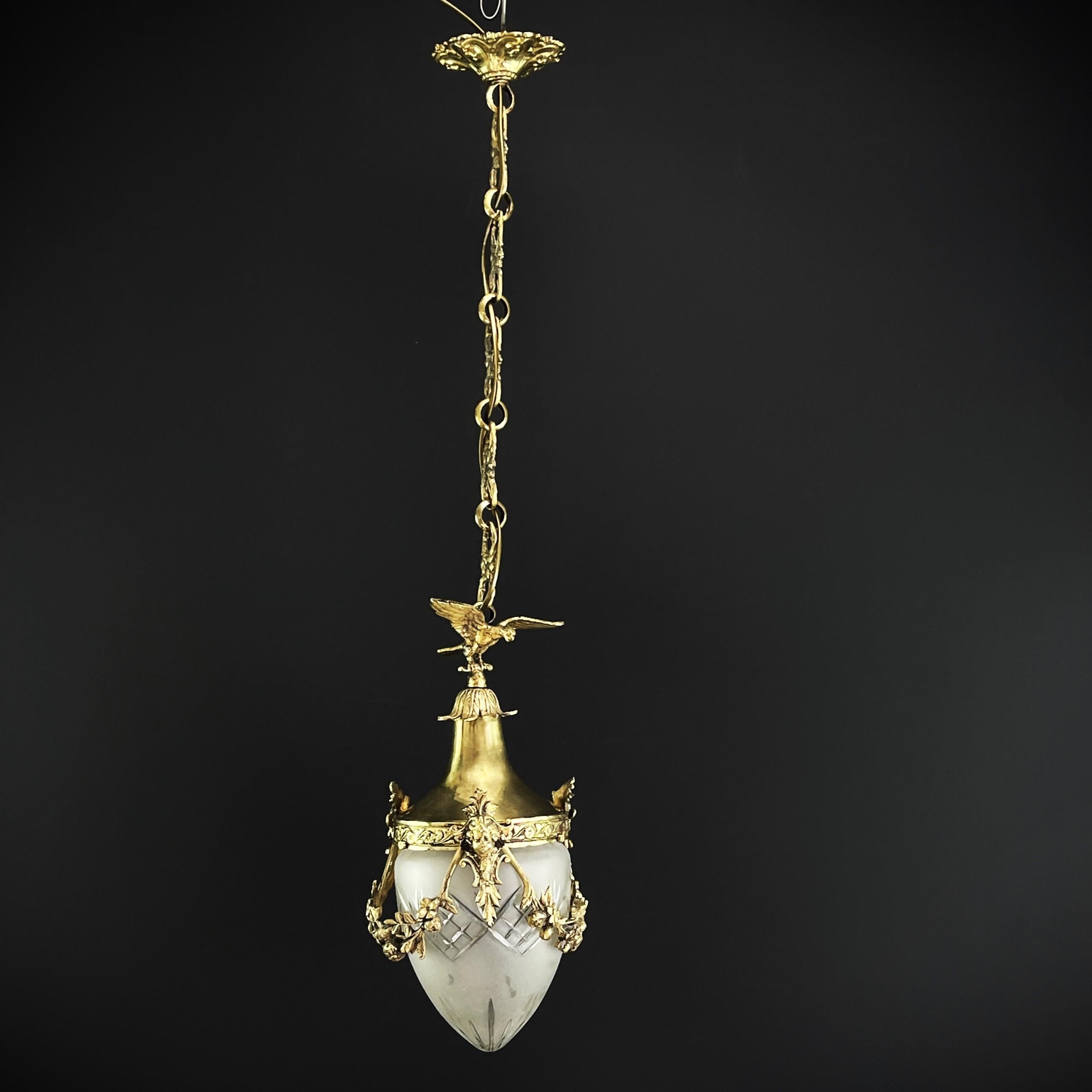 French Art Nouveau hanging lamp bronze with eagle, drop-shaped, 1900s