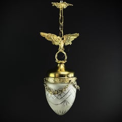 Art Nouveau Hanging Lamp Bronze with eagle, Teardrop Shape, 1900s