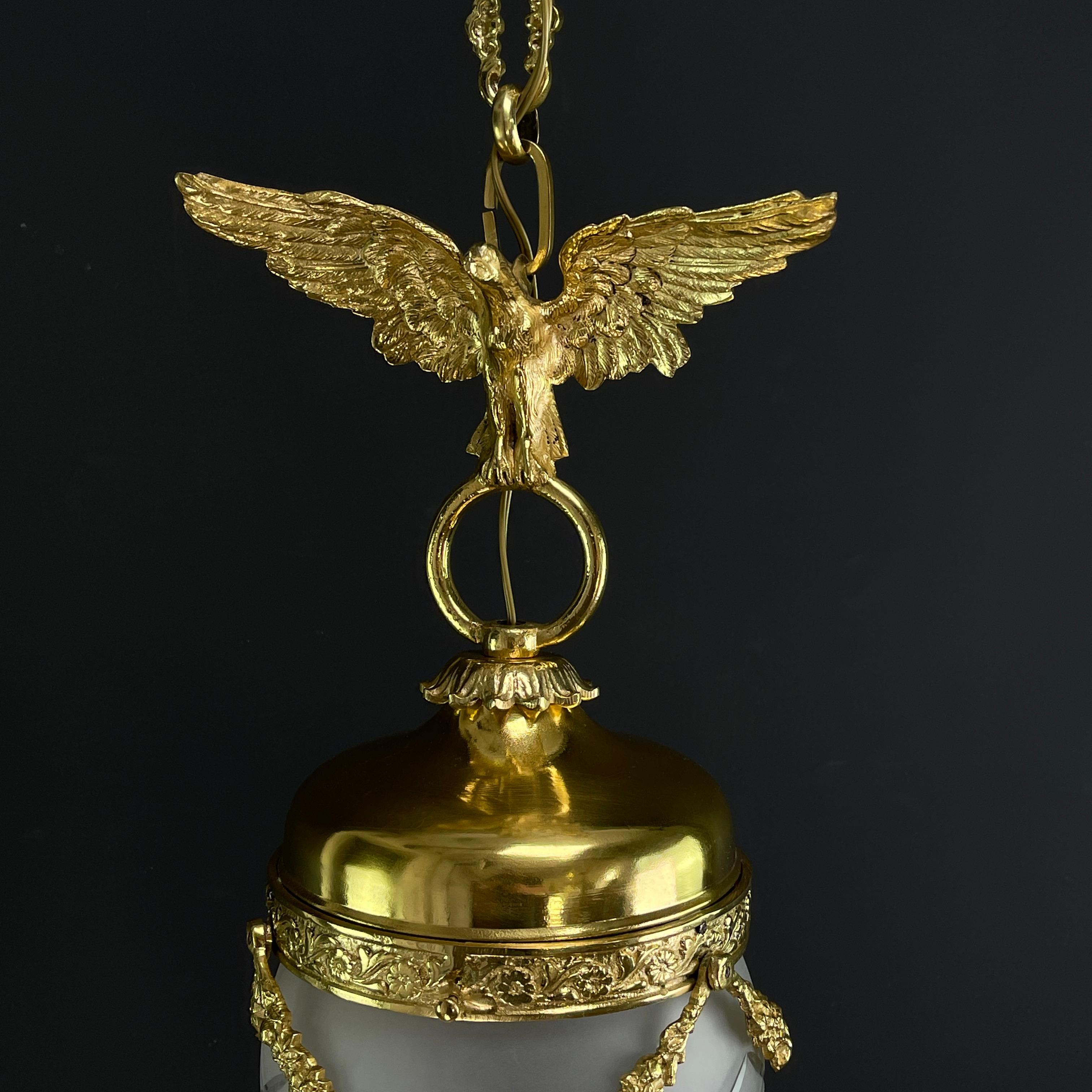 French Art Nouveau Hanging Lamp Bronze with eagle, Teardrop Shape, 1900s For Sale