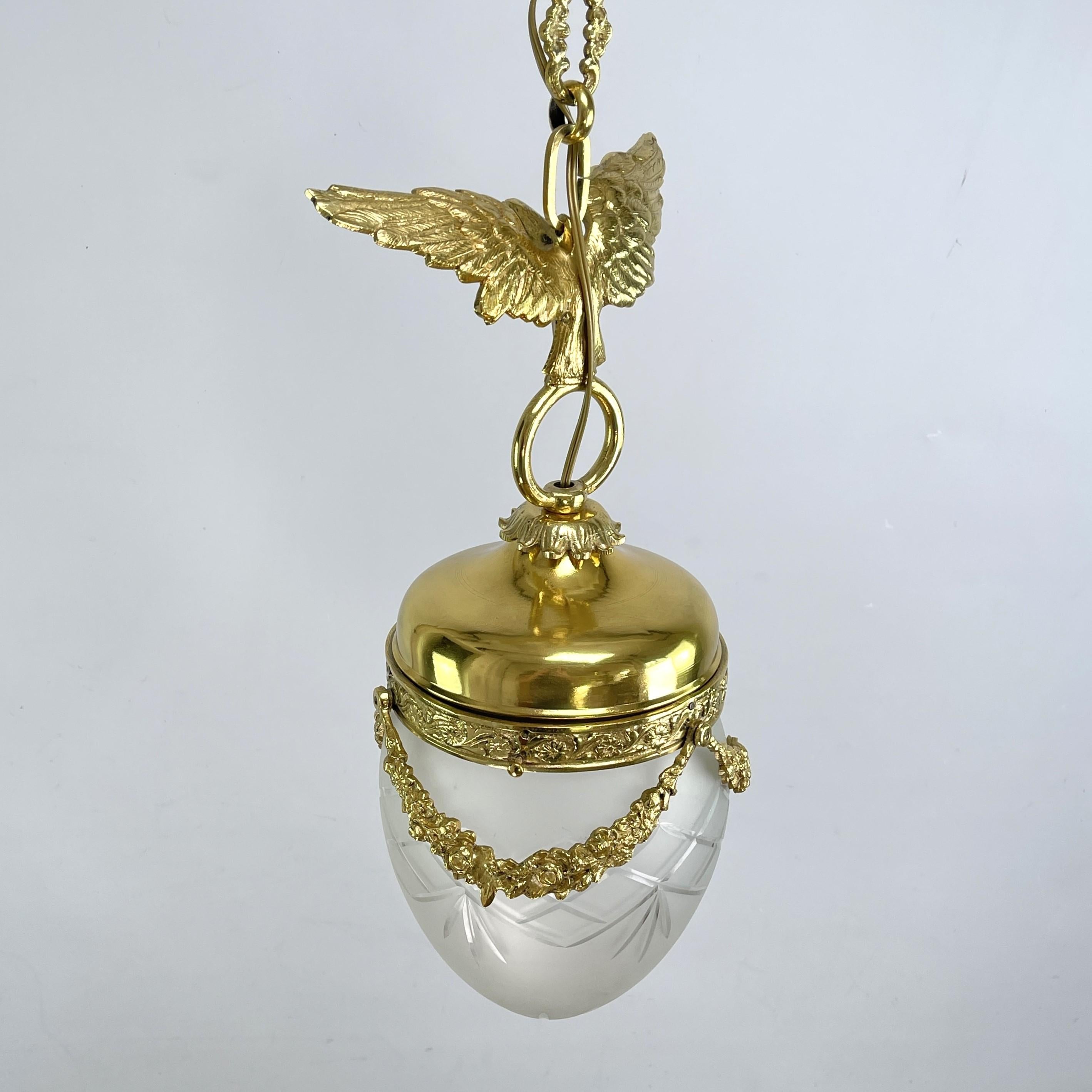 Brass Art Nouveau Hanging Lamp Bronze with eagle, Teardrop Shape, 1900s For Sale