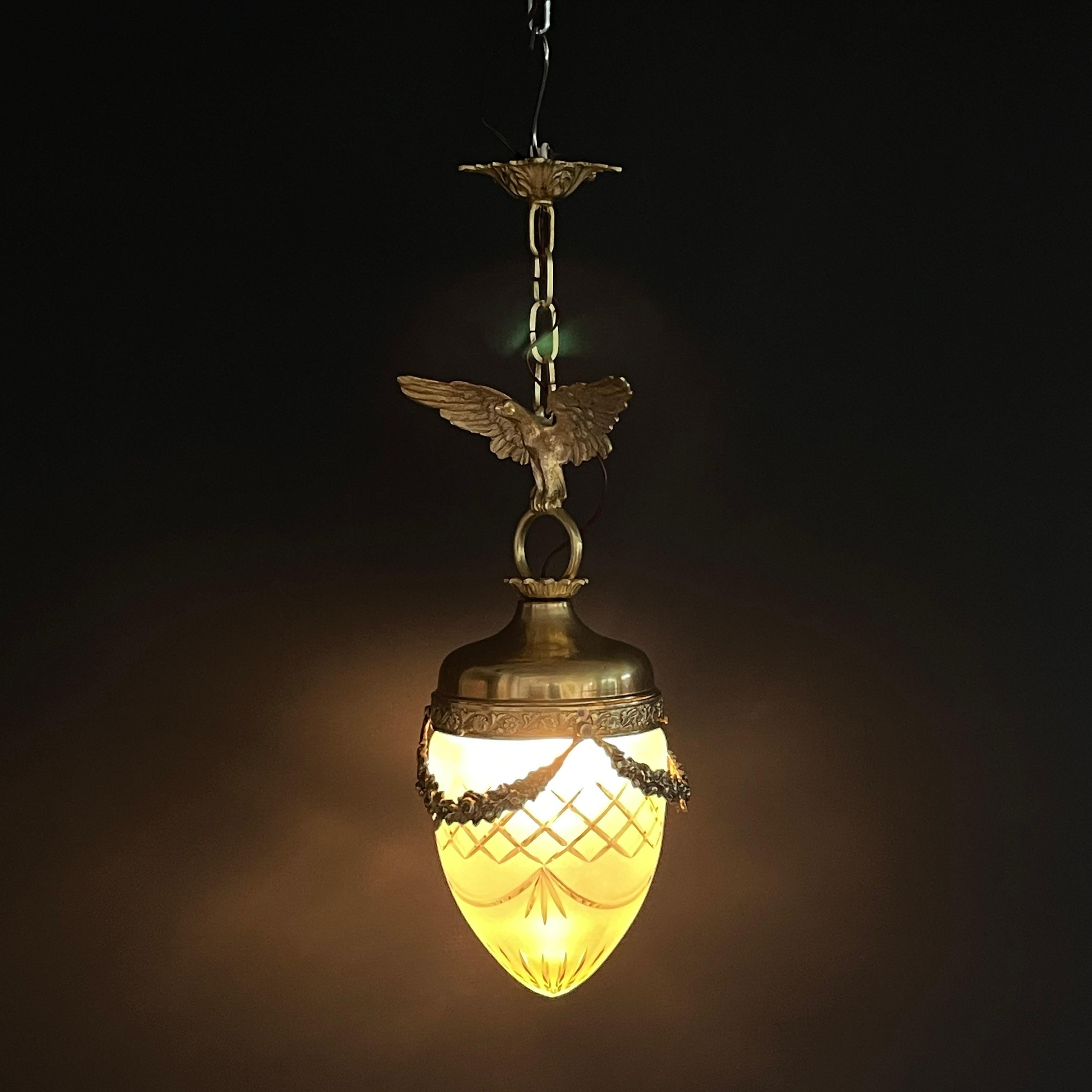 Art Nouveau Hanging Lamp Bronze with eagle, Teardrop Shape, 1900s For Sale 2
