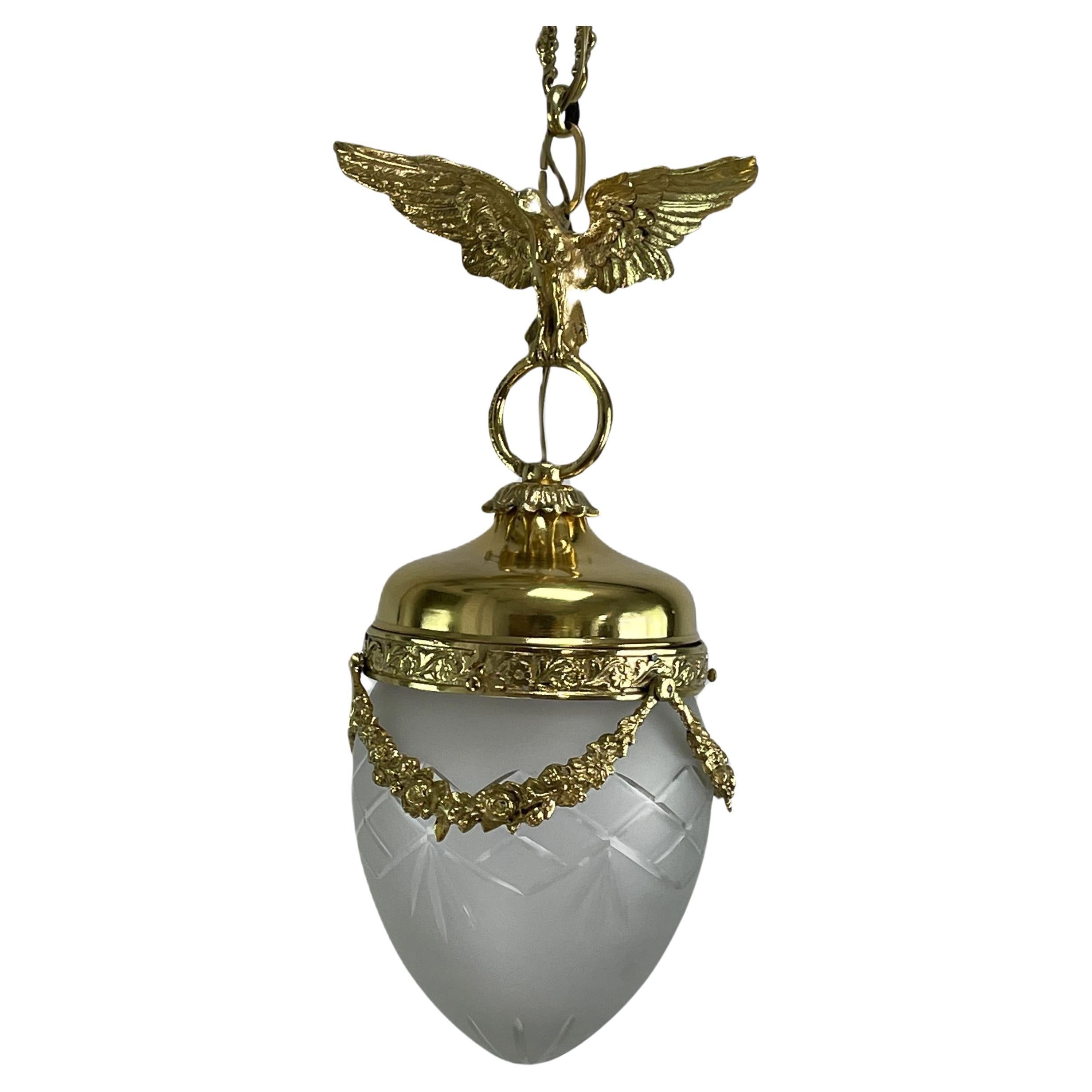 Art Nouveau Hanging Lamp Bronze with eagle, Teardrop Shape, 1900s For Sale