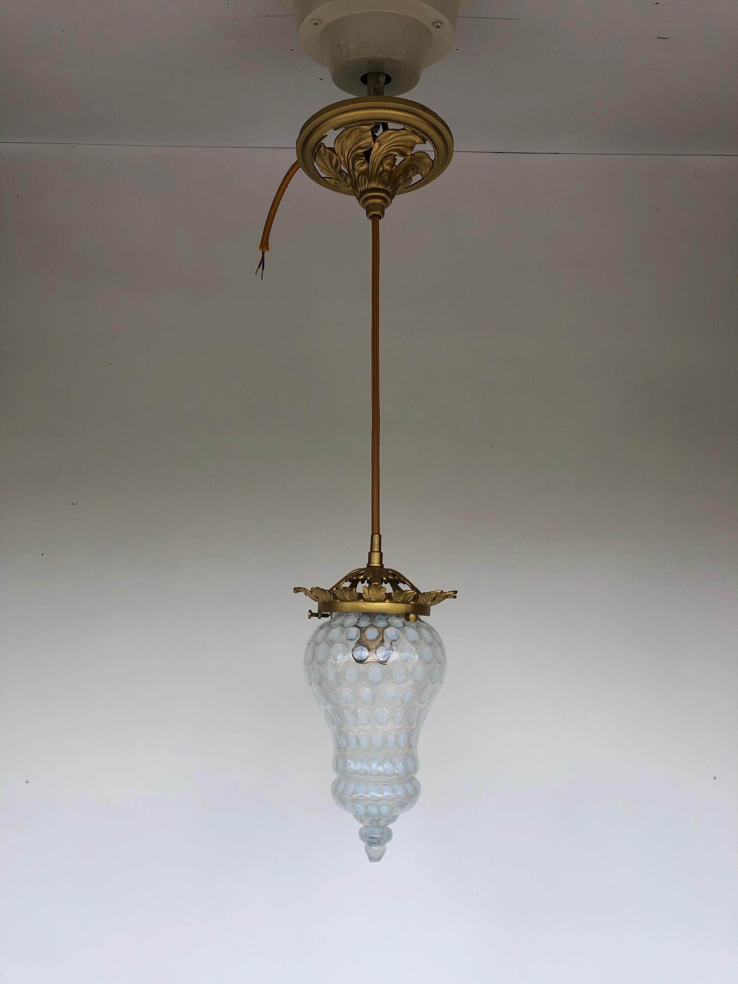 Bronze Art Nouveau Hanging Lamp Opalescent Tulip