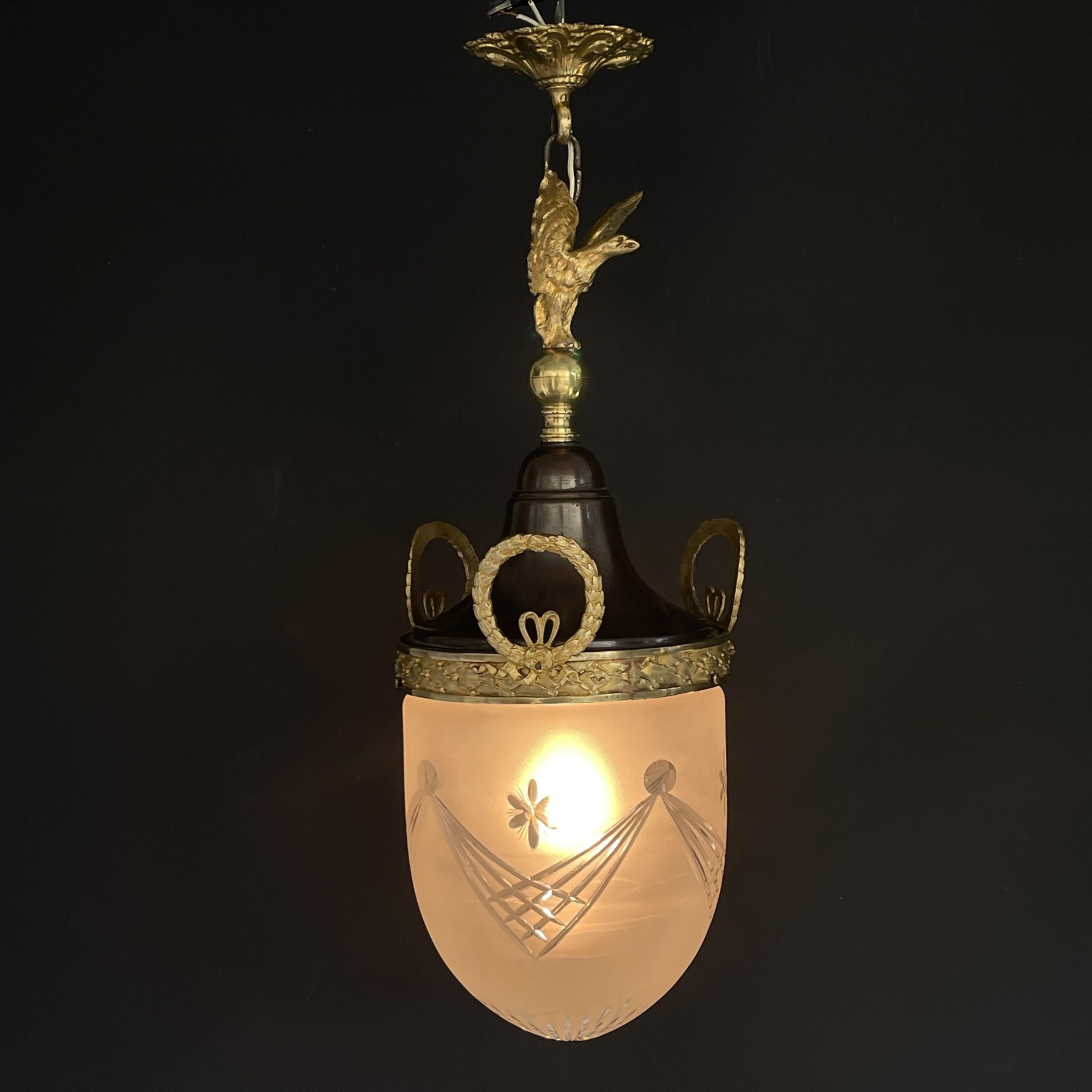 Brass Art Nouveau Hanging Lamp with eagle, Bronze, Teardrop Shape, 1900s For Sale