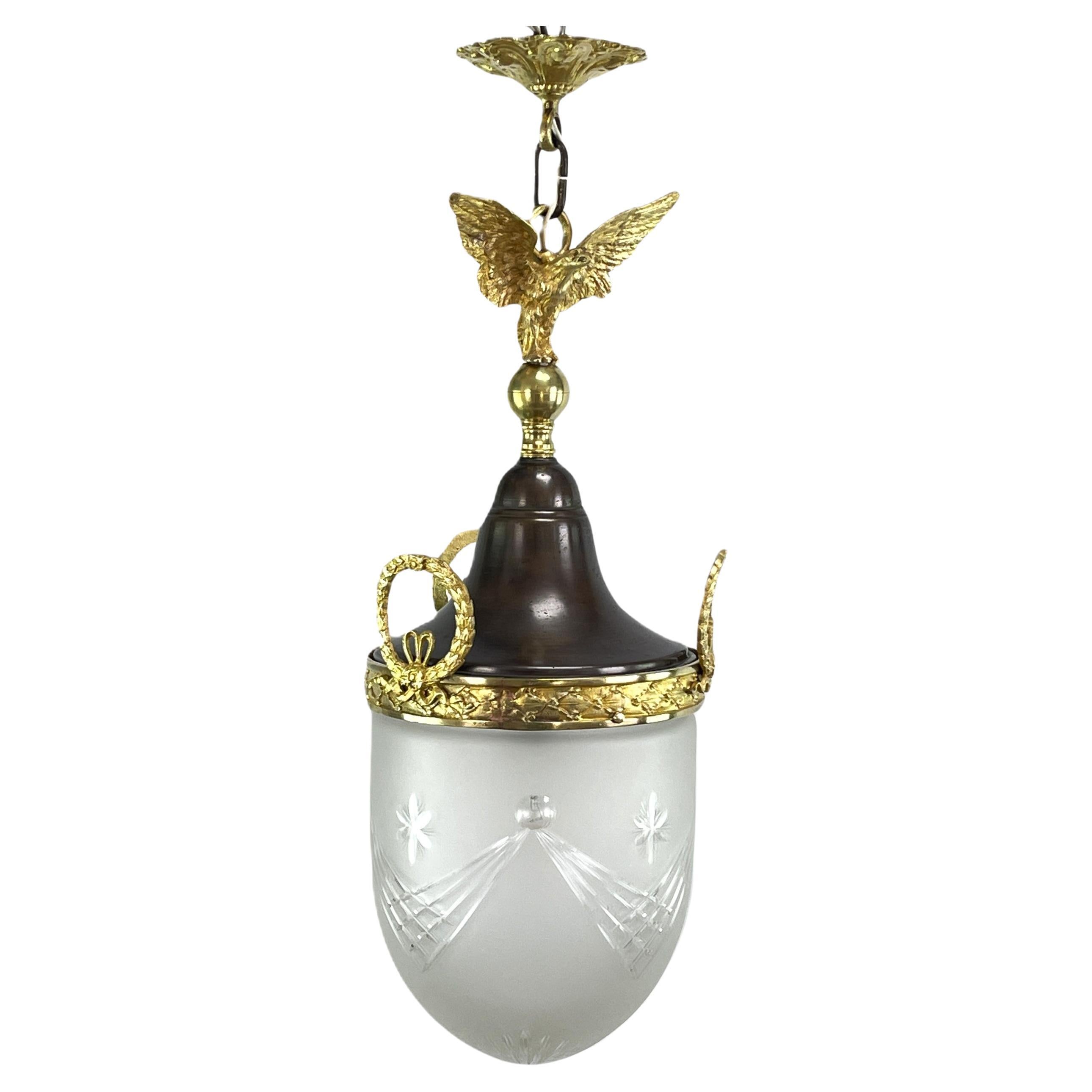Lampe suspendue Art Nouveau avec aigle, bronze, forme de goutte d'eau, années 1900