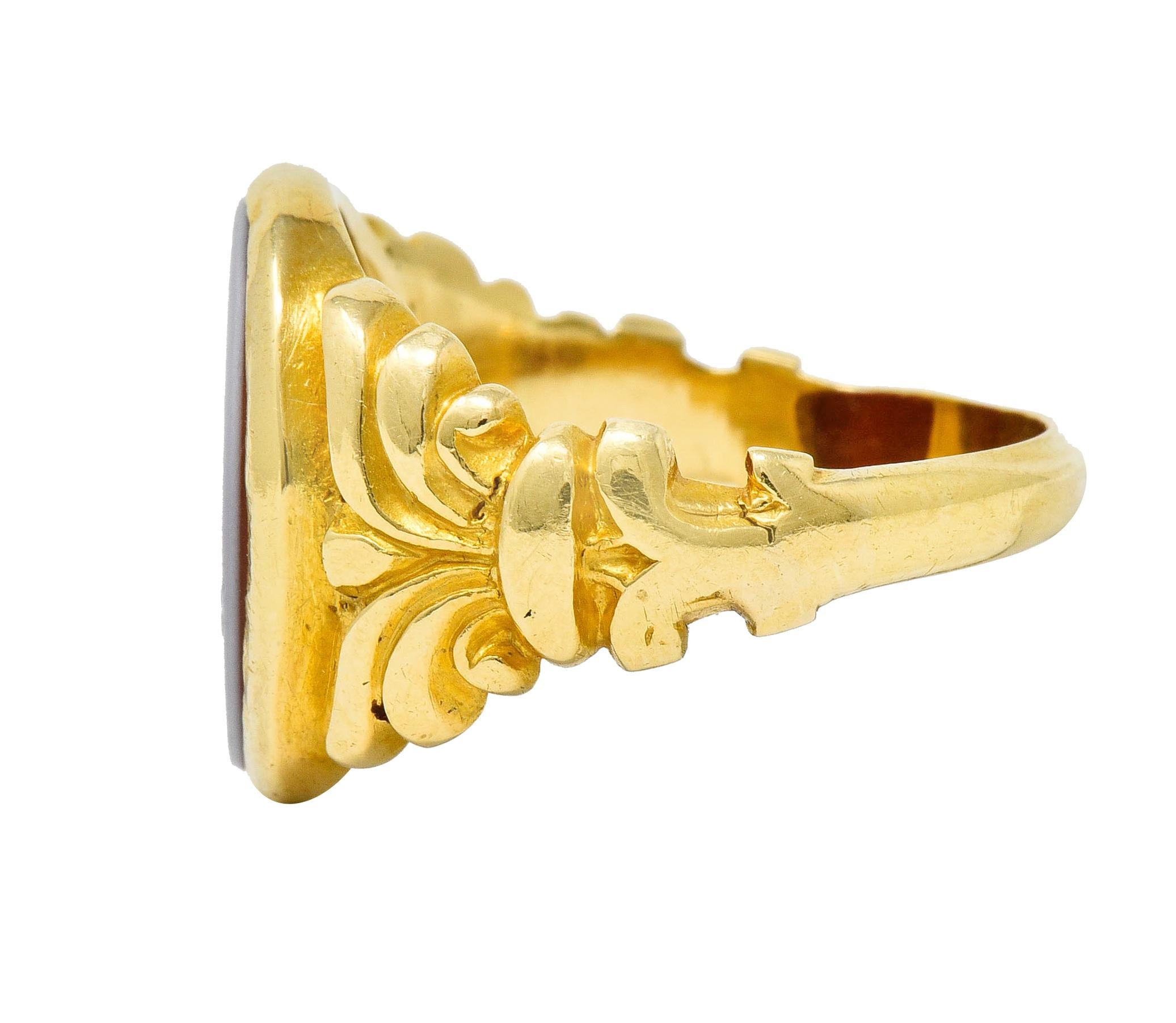 Oval Cut Art Nouveau Hardstone Intaglio 18 Karat Gold Griffin Signet Ring