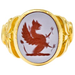 Antique Art Nouveau Hardstone Intaglio 18 Karat Gold Griffin Signet Ring