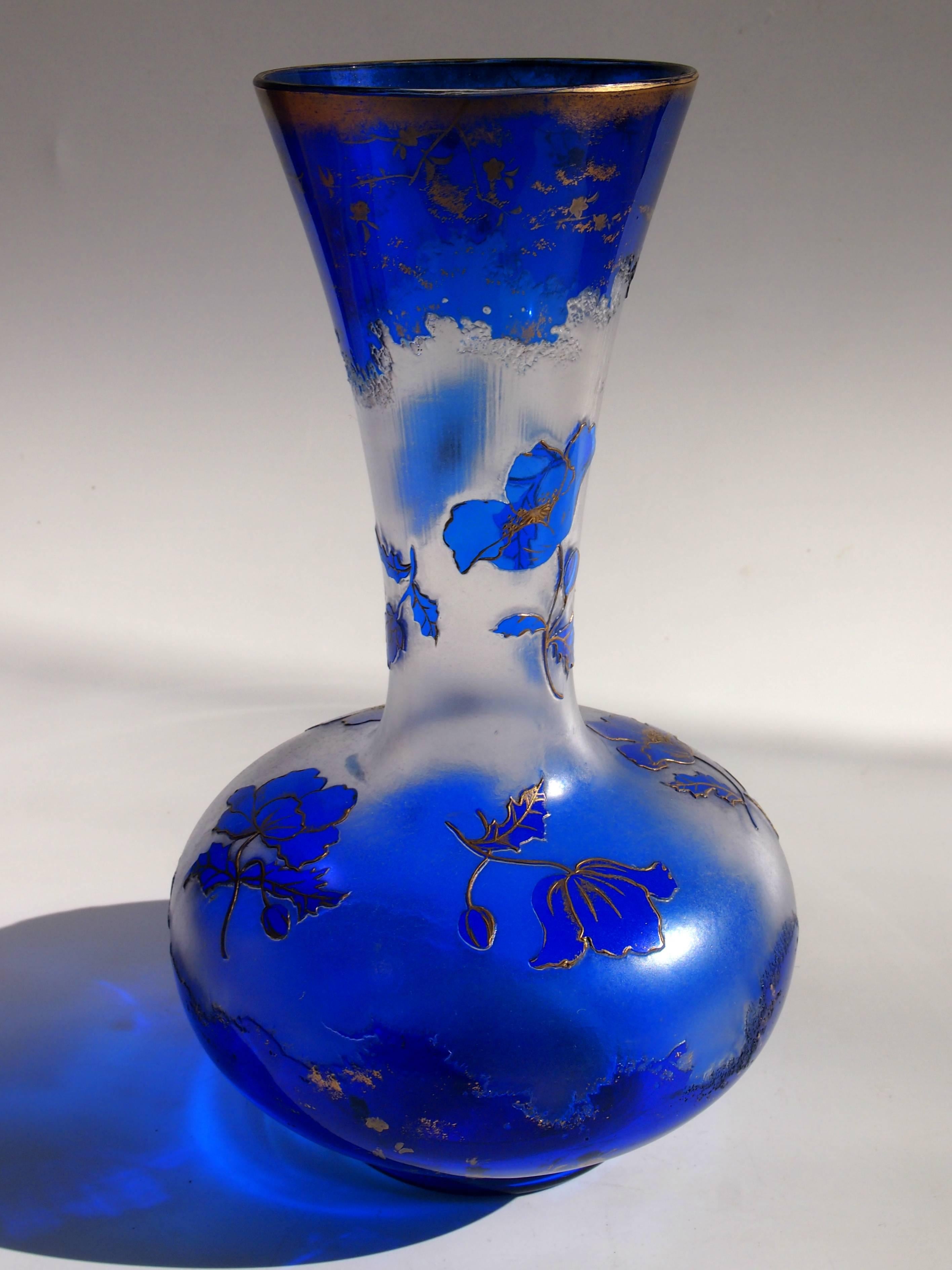 Czech Bohemian Art Nouveau Harrach Blue to Clear Cameo Glass Vase 1900 For Sale