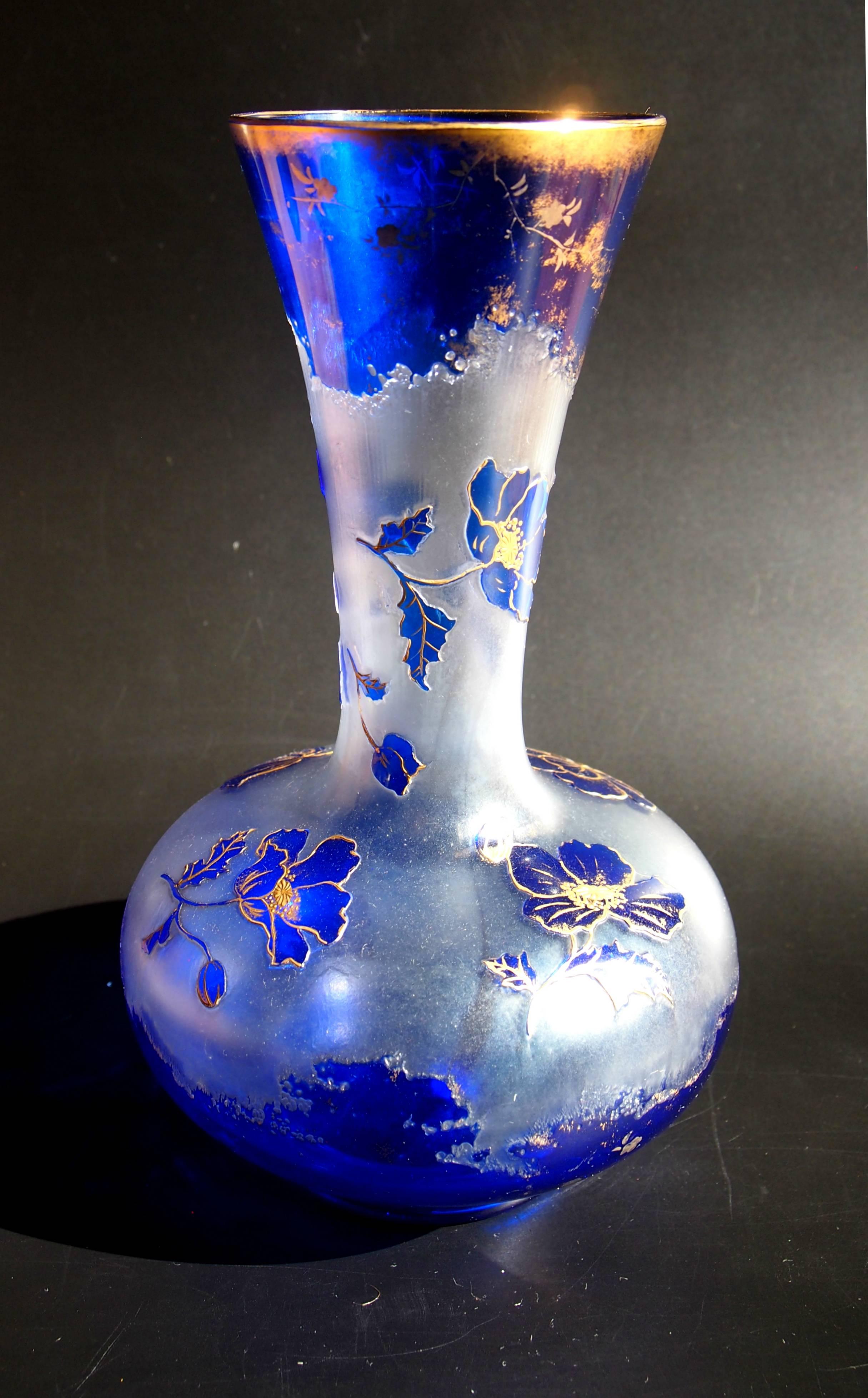 Late 19th Century Bohemian Art Nouveau Harrach Blue to Clear Cameo Glass Vase 1900 For Sale