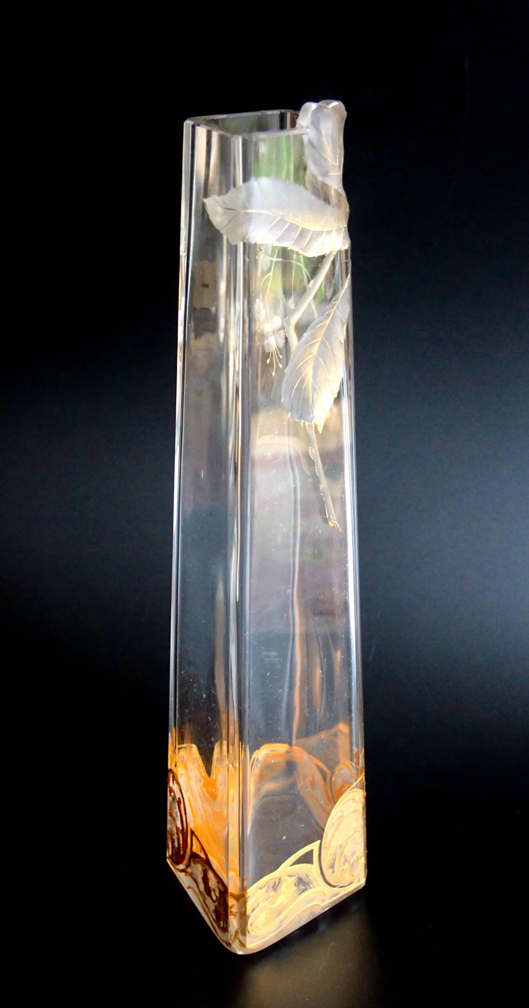 Bohemian Art Nouveau Harrach Clear Intaglio Cut-Out Glass Vase c1900 In Good Condition In London, GB