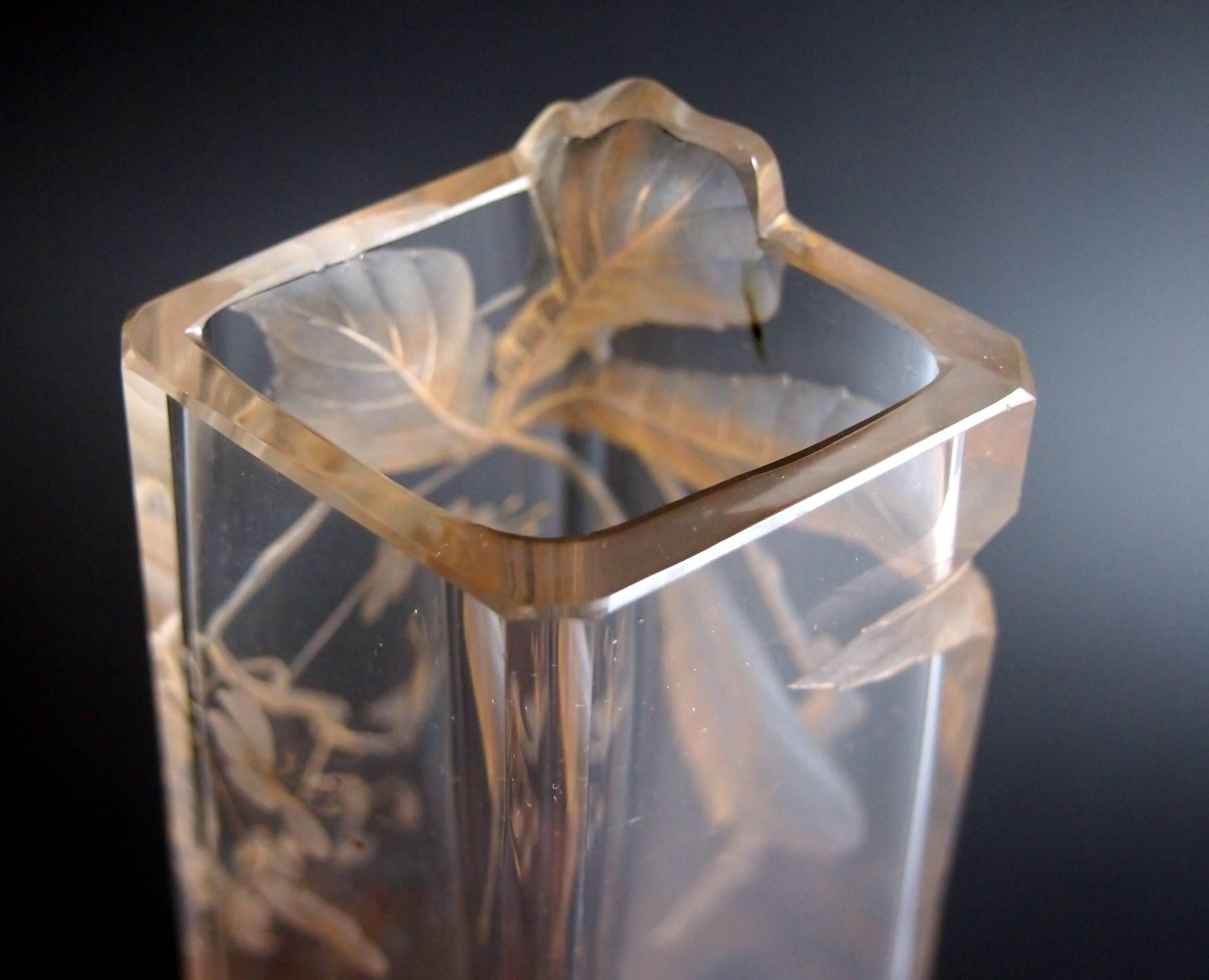 Art Glass Bohemian Art Nouveau Harrach Clear Intaglio Cut-Out Glass Vase c1900