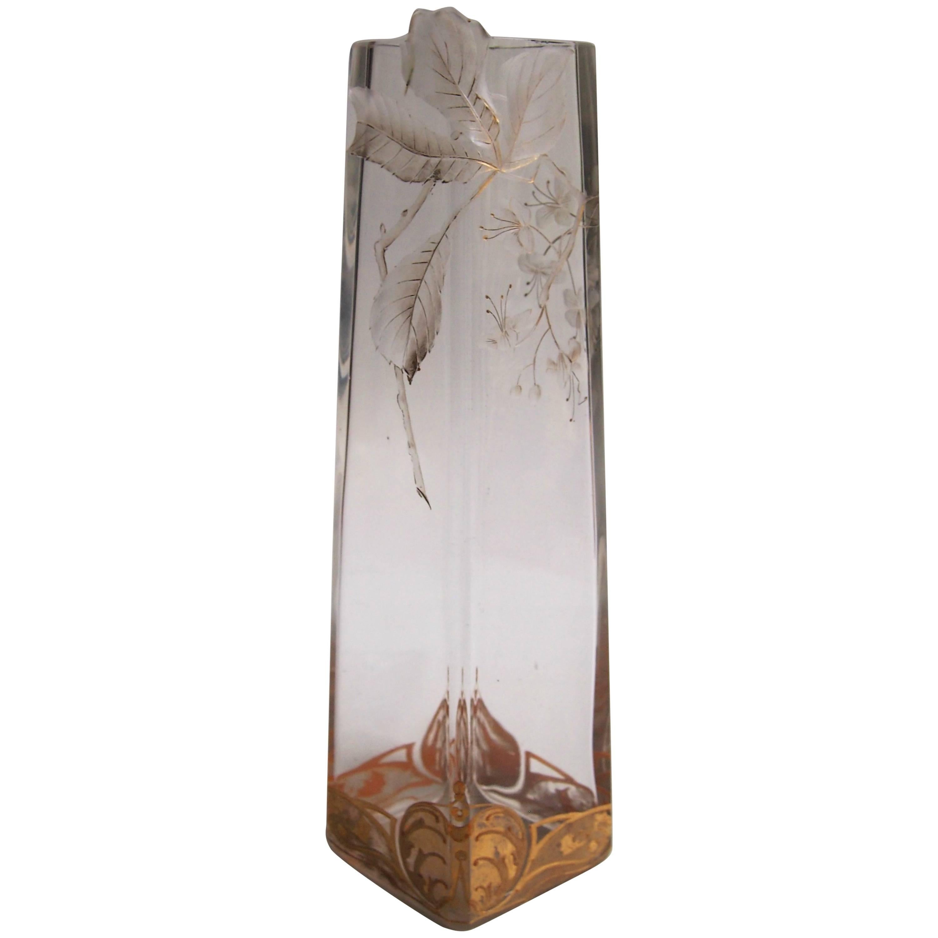 Bohemian Art Nouveau Harrach Clear Intaglio Cut-Out Glass Vase c1900