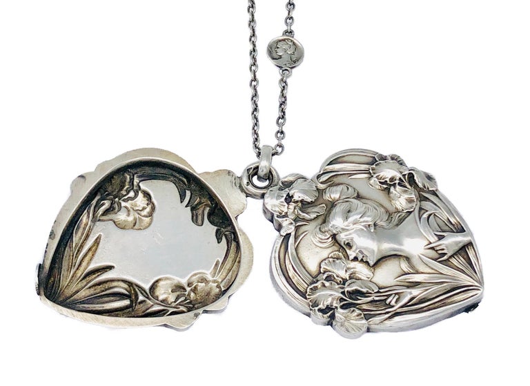 Art Nouveau Heart Iris Beauty Silver Locket Pendant Necklace France at ...