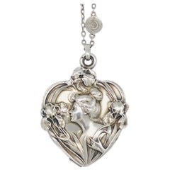 Art Nouveau Heart Iris Beauty Silver Locket Pendant Necklace France