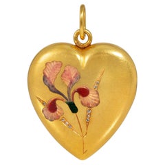 Art Nouveau heart locket with floral enamel decoration