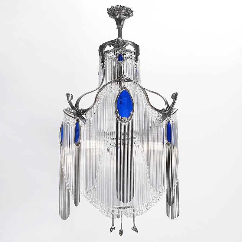 French Art Nouveau Hector Guimard Chandelier with Nickel Finish For Sale