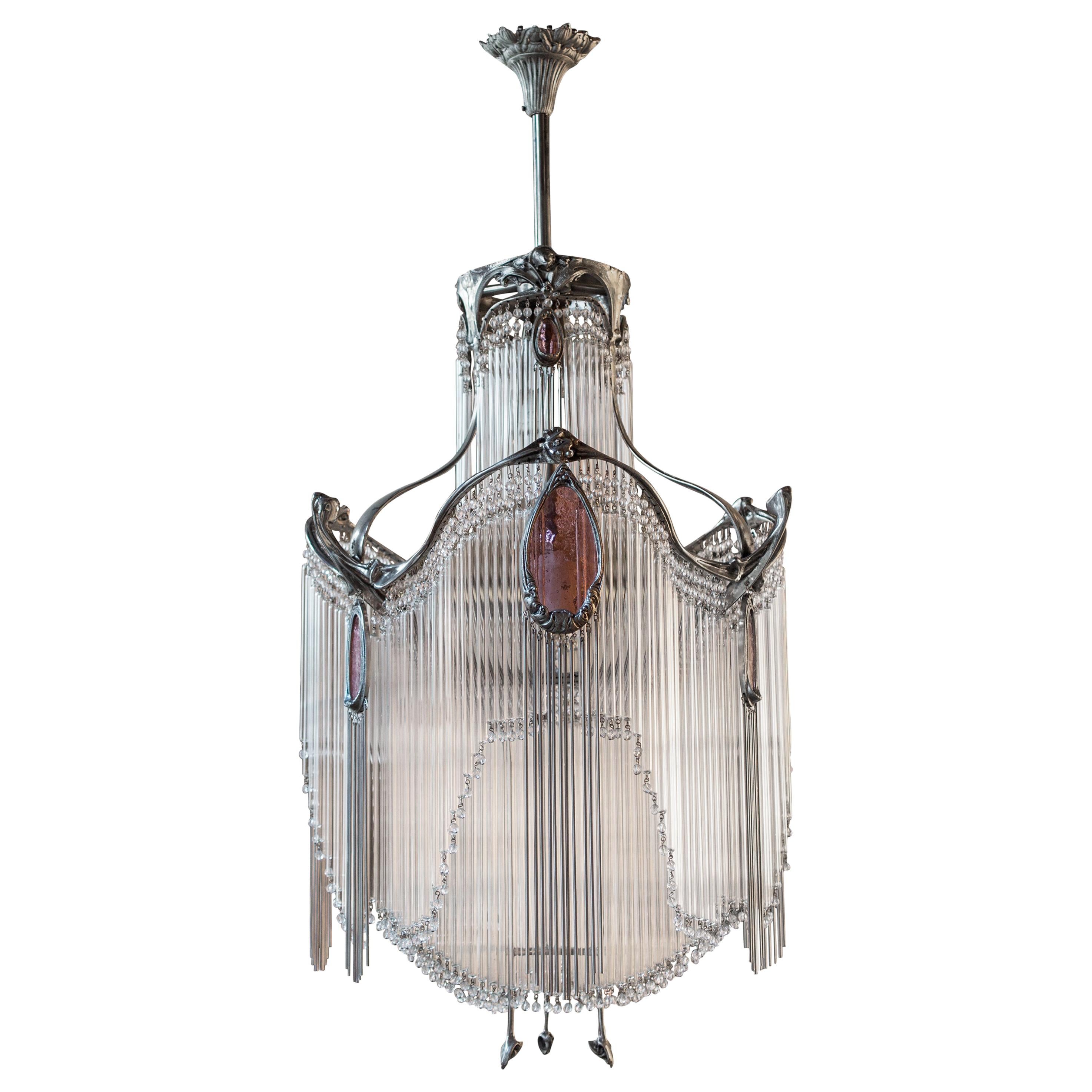 Art Nouveau Hector Guimard Chandelier with Nickel Finish For Sale
