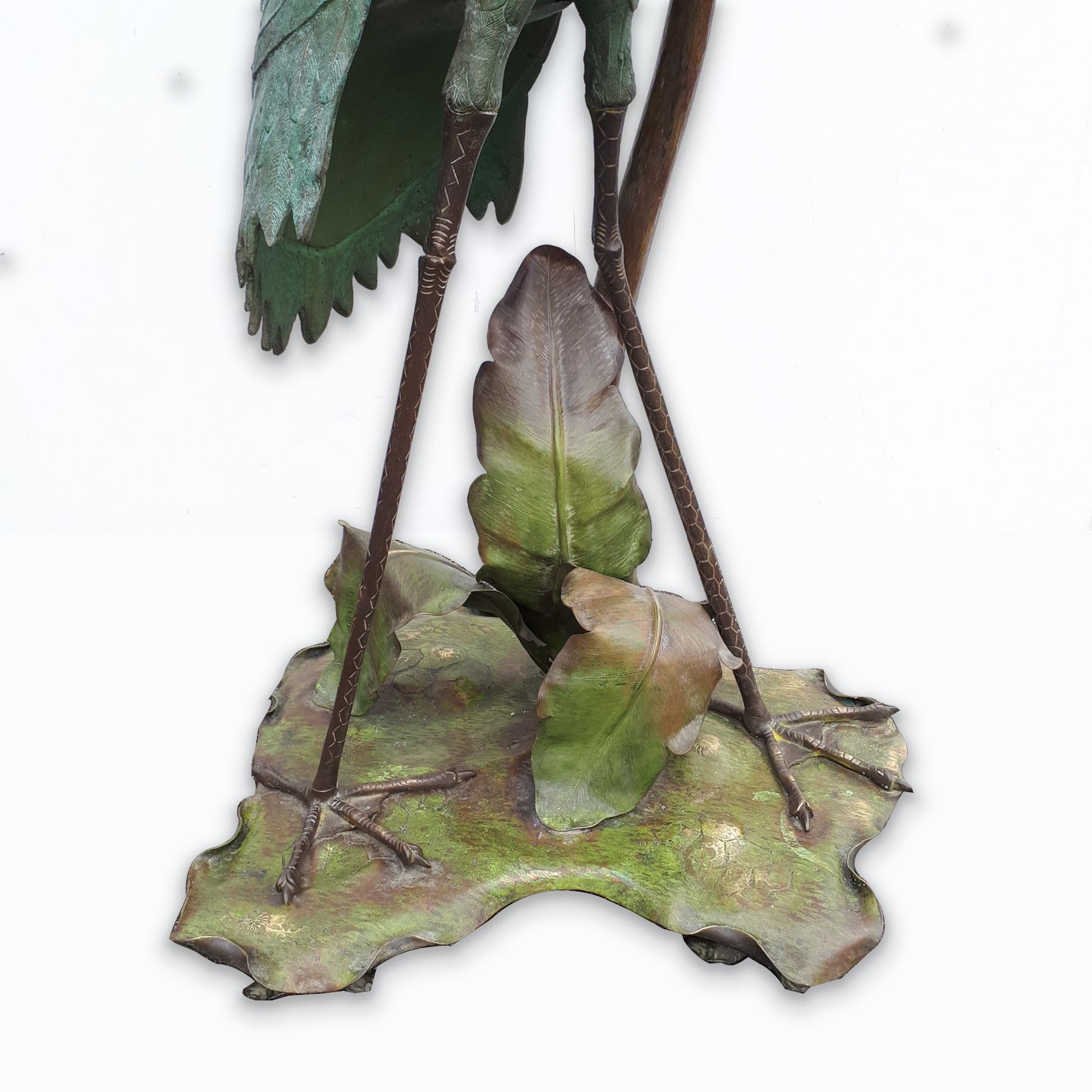 Brass Art Nouveau Heron Bird and Leaves Floor Lamp, Early 20th Century