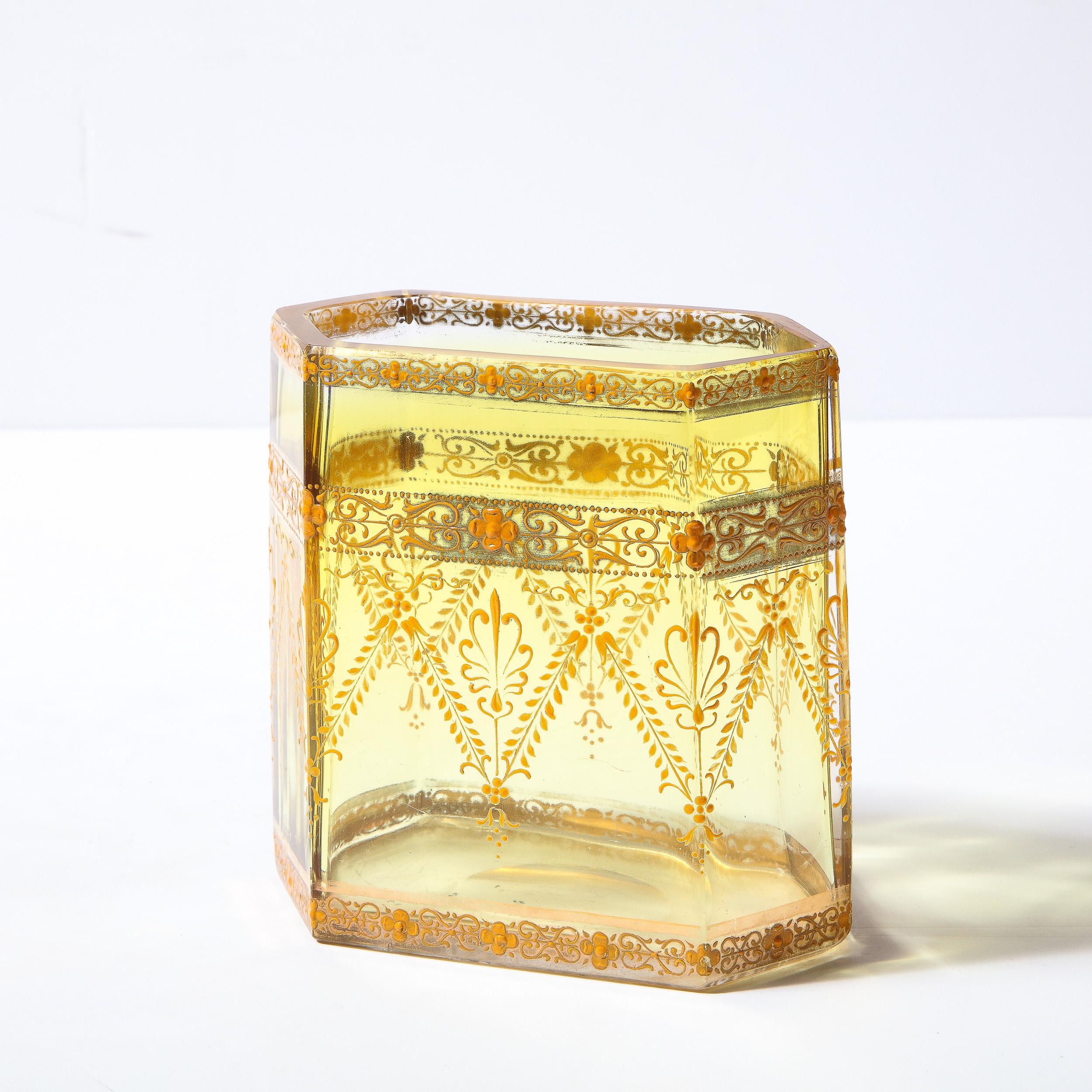 Czech Art Nouveau Hexagonal Neoclassical Painted Amber Glass Signed Moser Vase