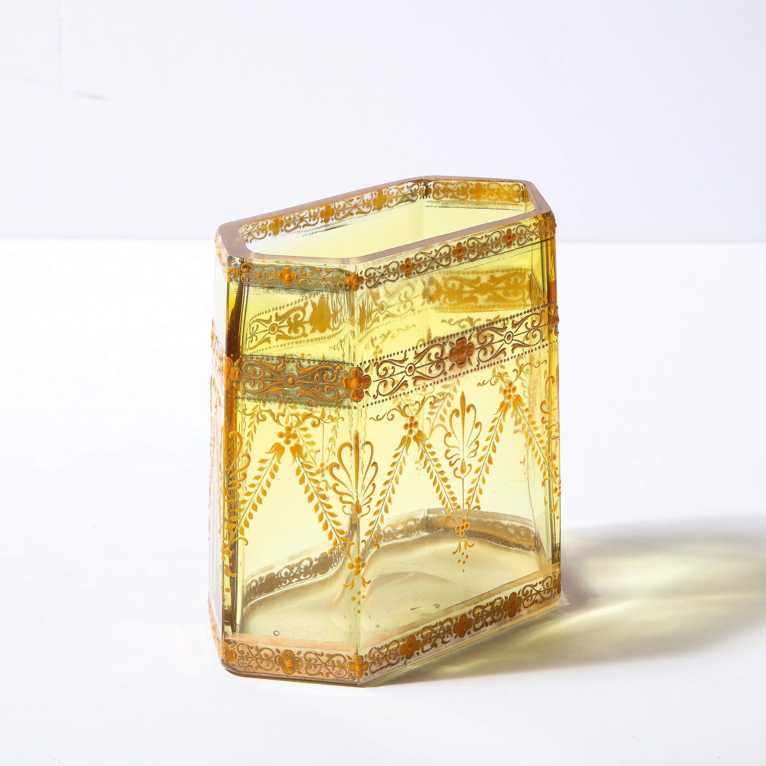 Art Nouveau Hexagonal Neoclassical Painted Amber Glass Signed Moser Vase In Good Condition In New York, NY