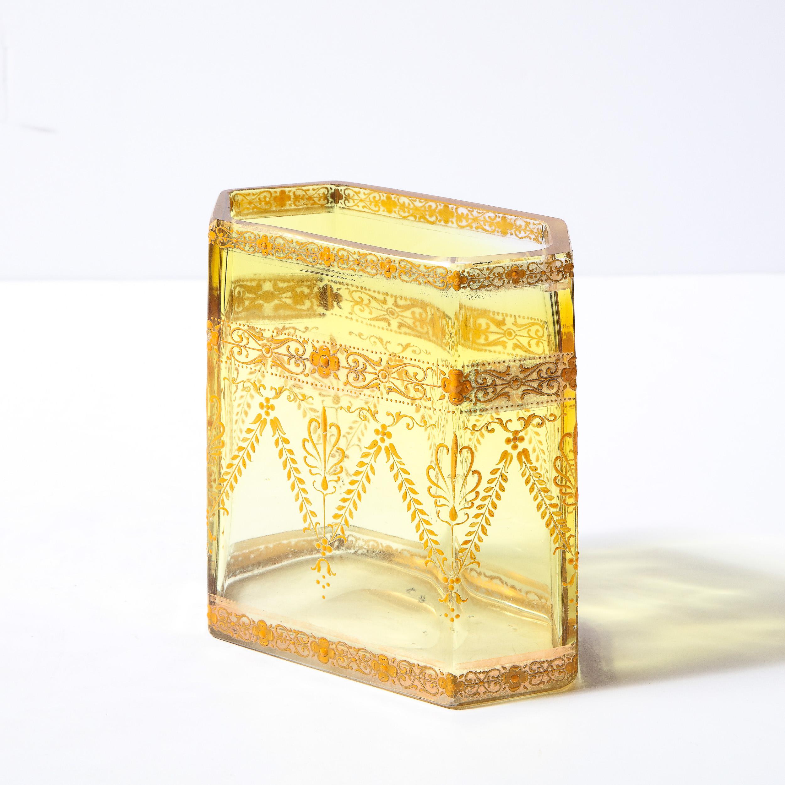 Art Nouveau Hexagonal Neoclassical Painted Amber Glass Signed Moser Vase 1
