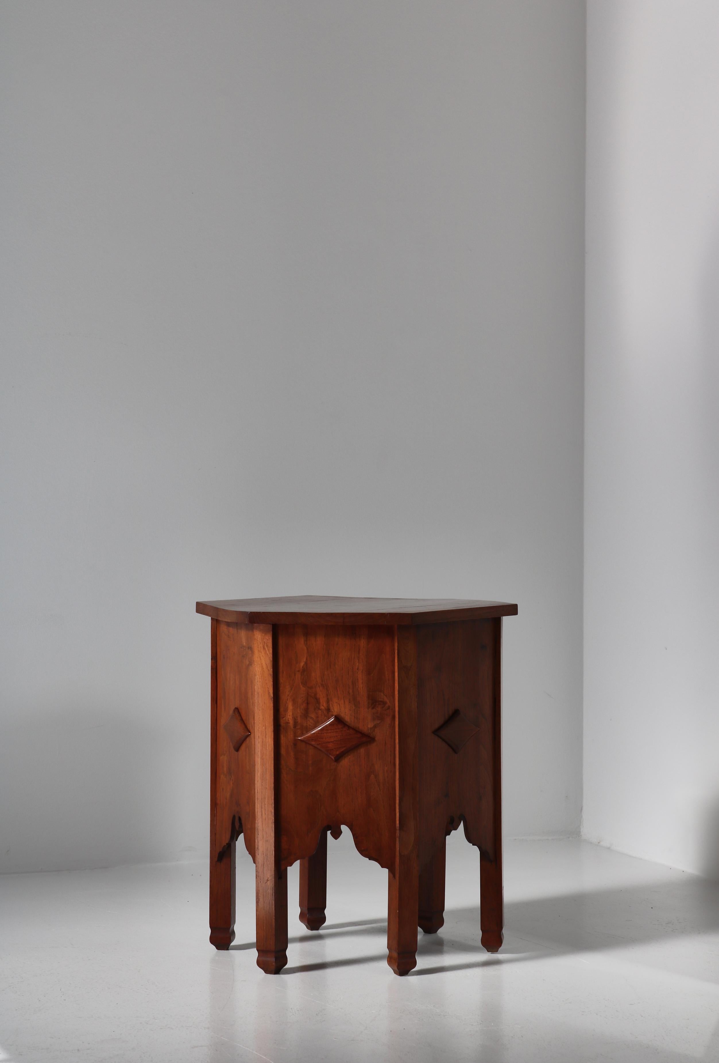 Art Nouveau Hexagonal Side Table by Danish Cabinetmaker, Carved Elm Tree, 1930s For Sale 7