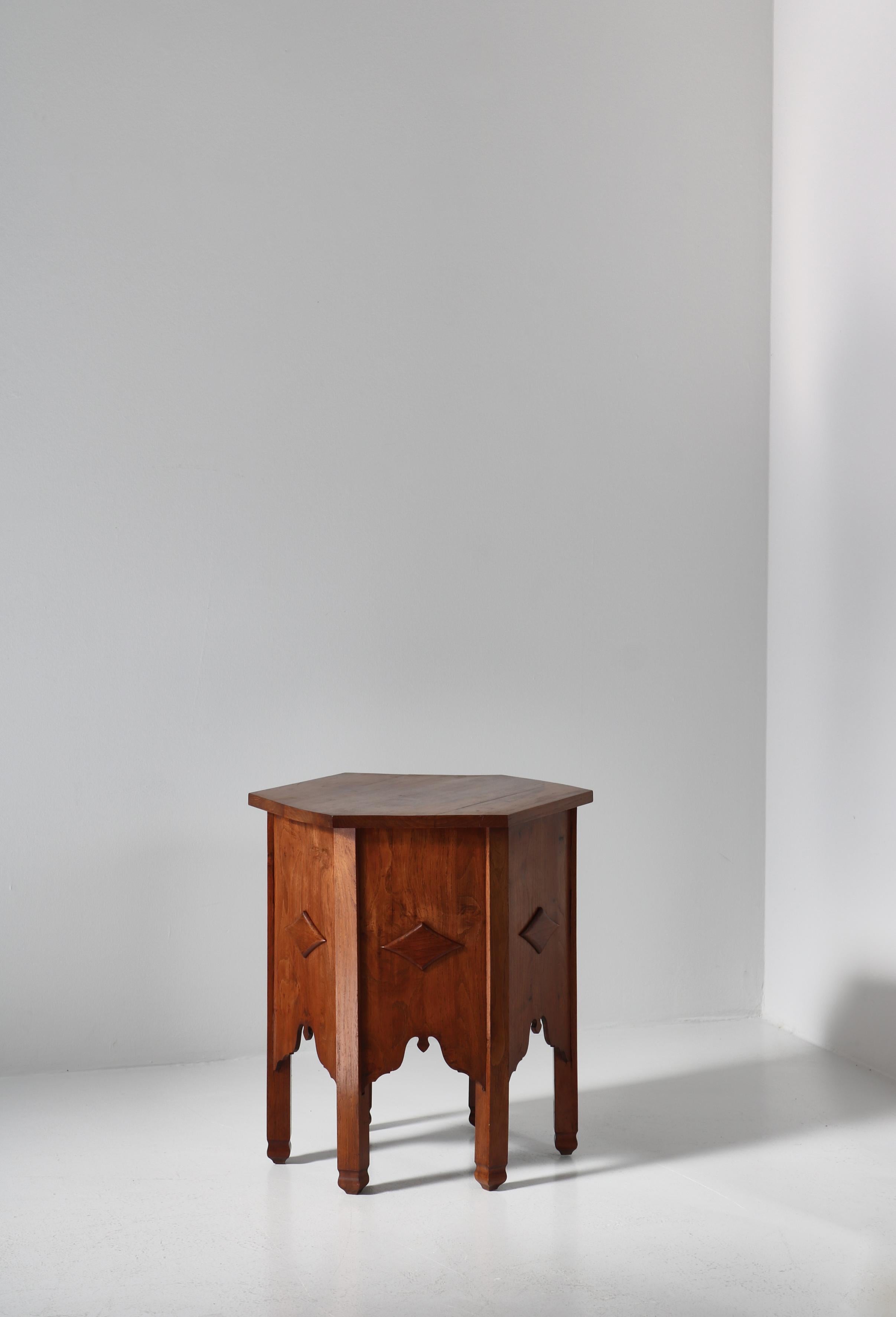 Art Nouveau Hexagonal Side Table by Danish Cabinetmaker, Carved Elm Tree, 1930s In Fair Condition For Sale In Odense, DK