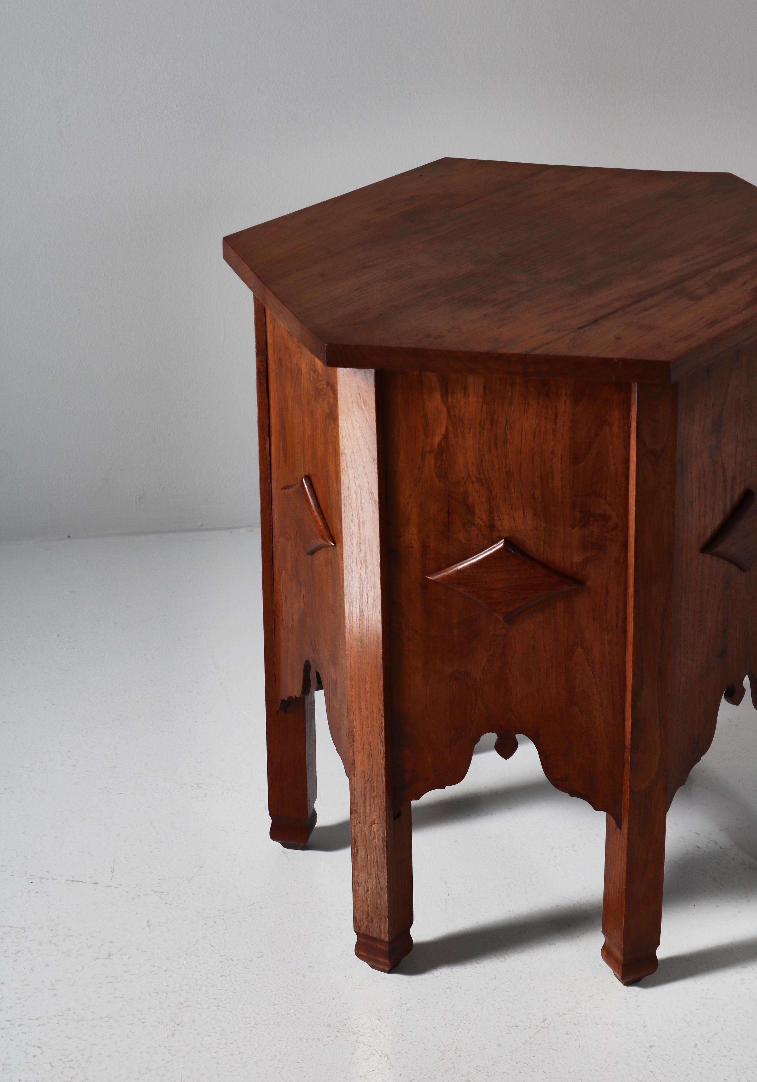 Mid-20th Century Art Nouveau Hexagonal Side Table by Danish Cabinetmaker, Carved Elm Tree, 1930s For Sale