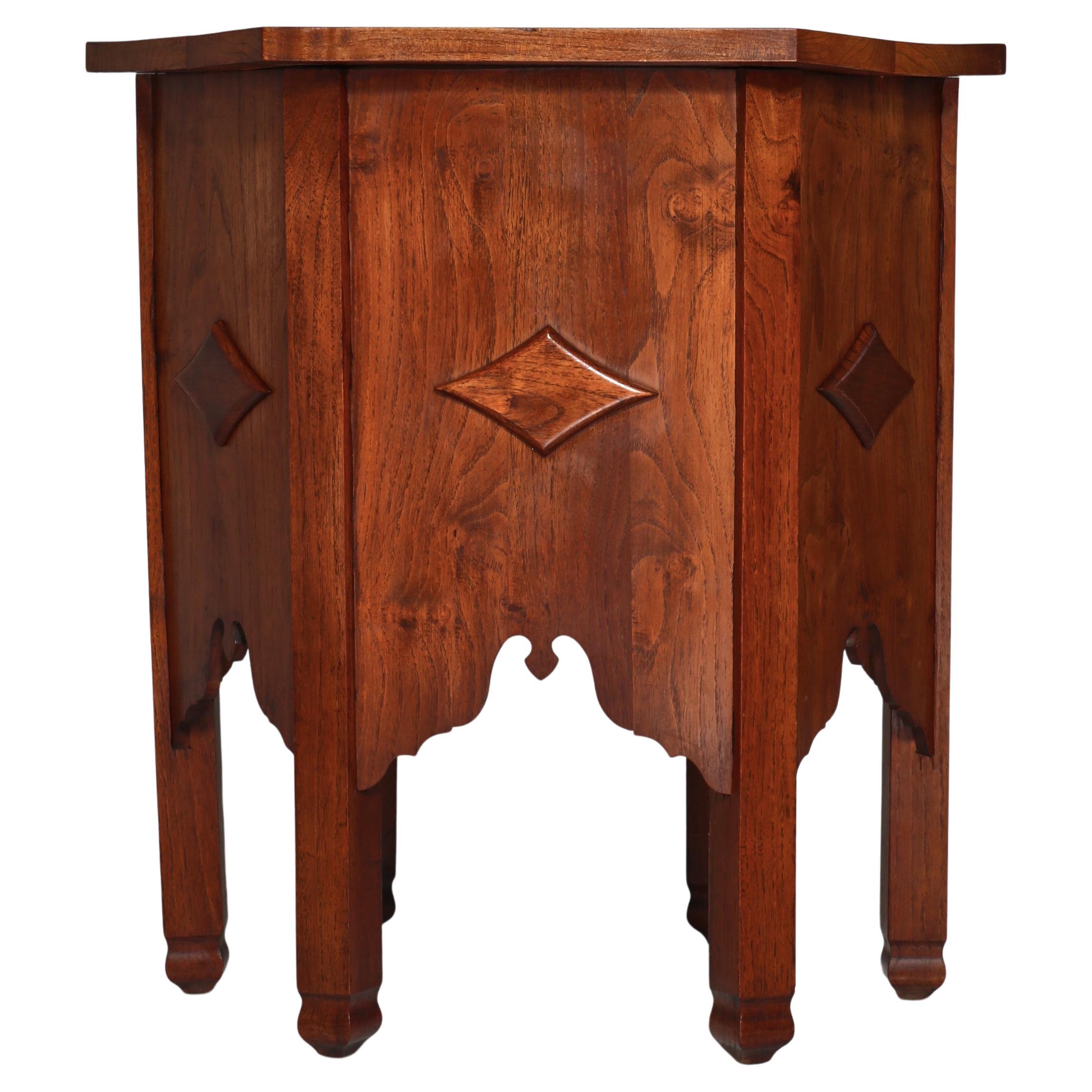 Art Nouveau Hexagonal Side Table by Danish Cabinetmaker, Carved Elm Tree, 1930s