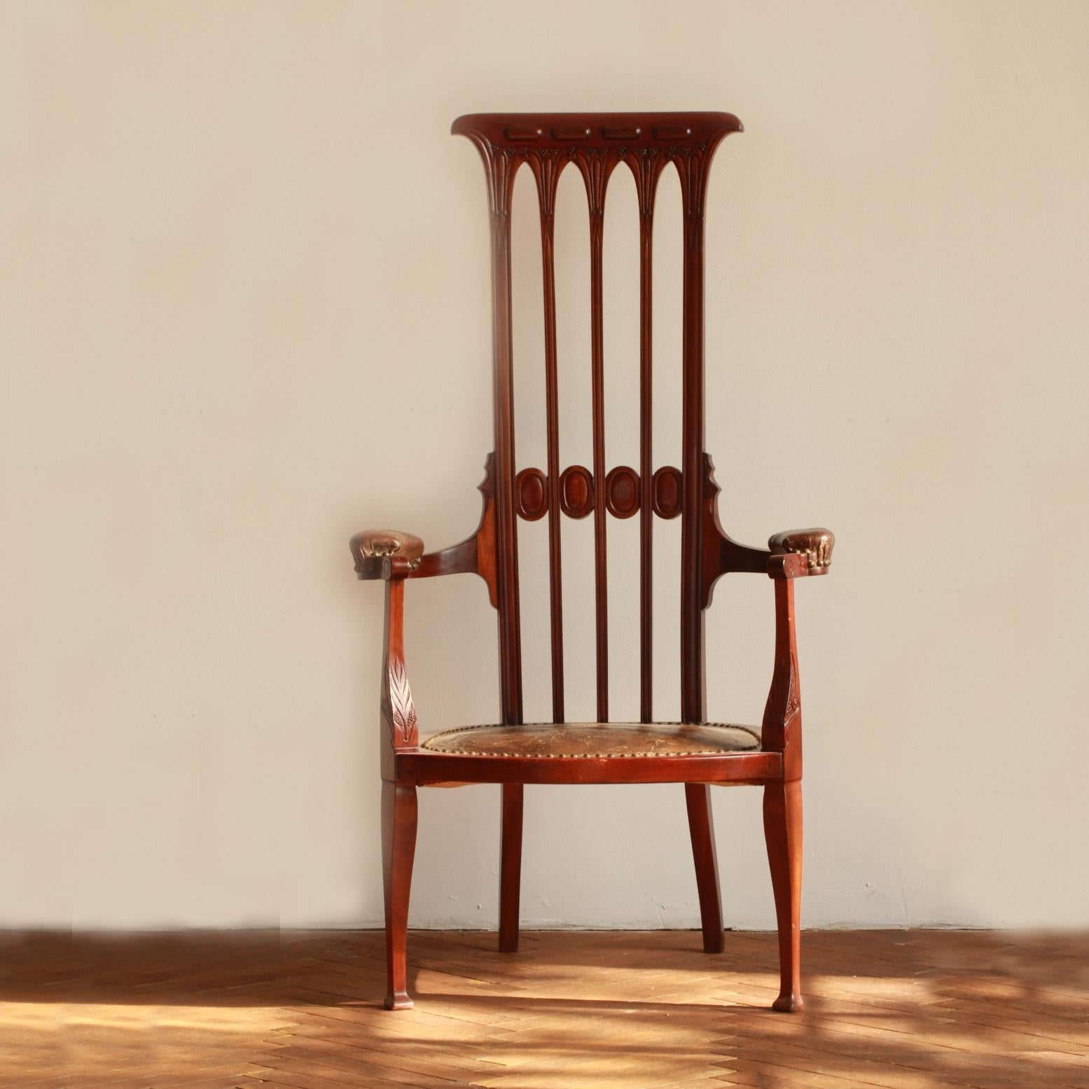 English Art Nouveau High Backrest Original Condition J.S.Henry Chair, England, 1895 For Sale