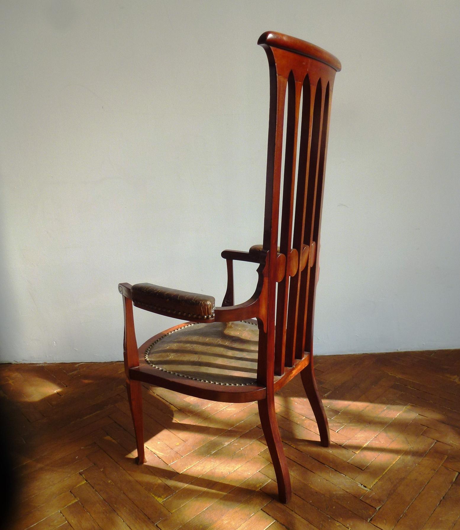 Carved Art Nouveau High Backrest Original Condition J.S.Henry Chair, England, 1895 For Sale