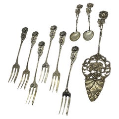Art Nouveau Hildesheim Rose Silver Flatware Set, German, 9 Pieces