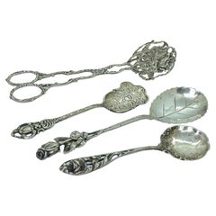 Jugendstil-Besteck-Set aus Rosen-Silber von Hildesheim, Deutsch, Tortenheber-Servierlöffel, Creme