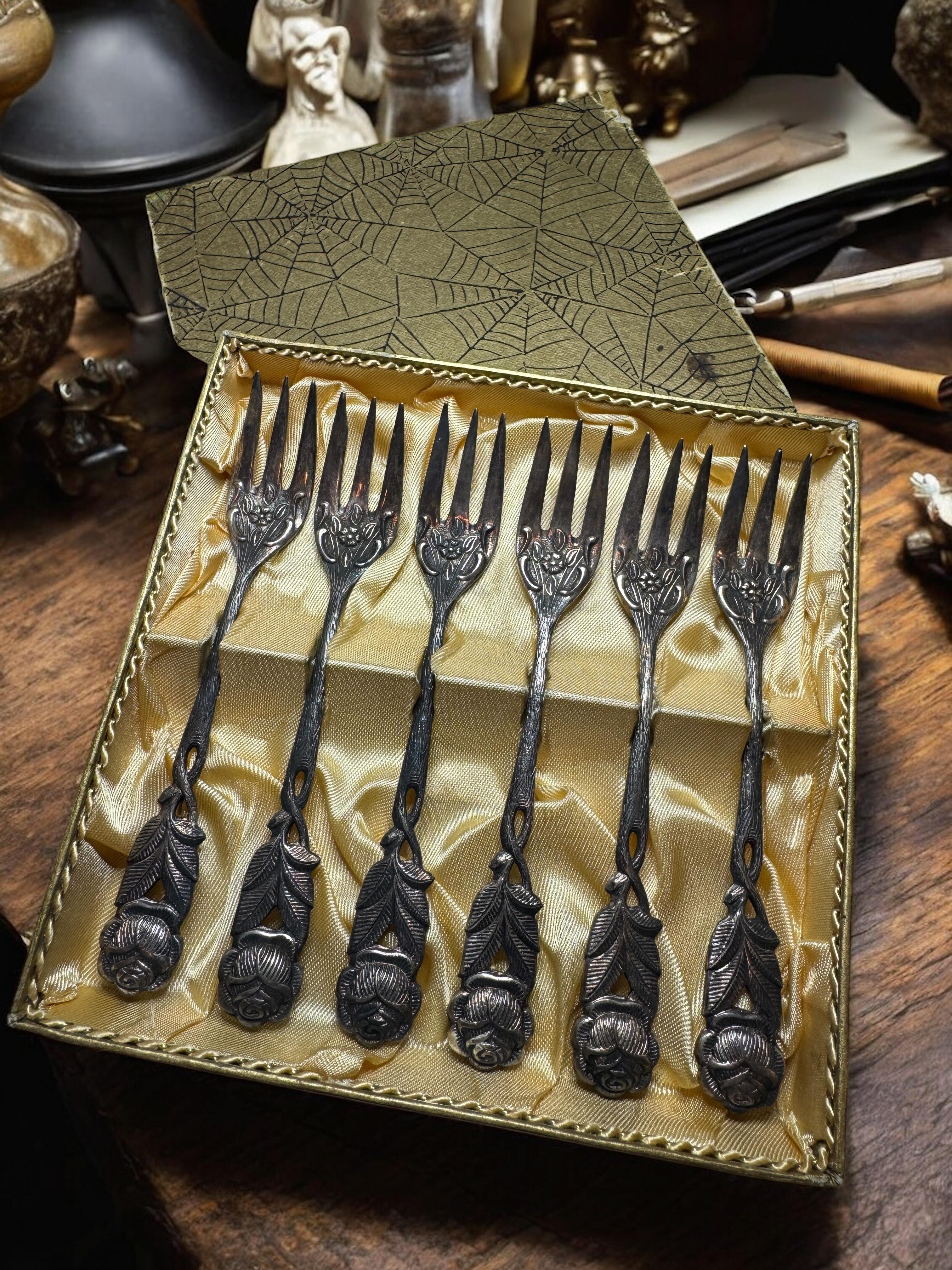 Art Nouveau Hildesheim Rose Silver Plate Cake Fork Flatware Set German, 6 Pieces en venta 4