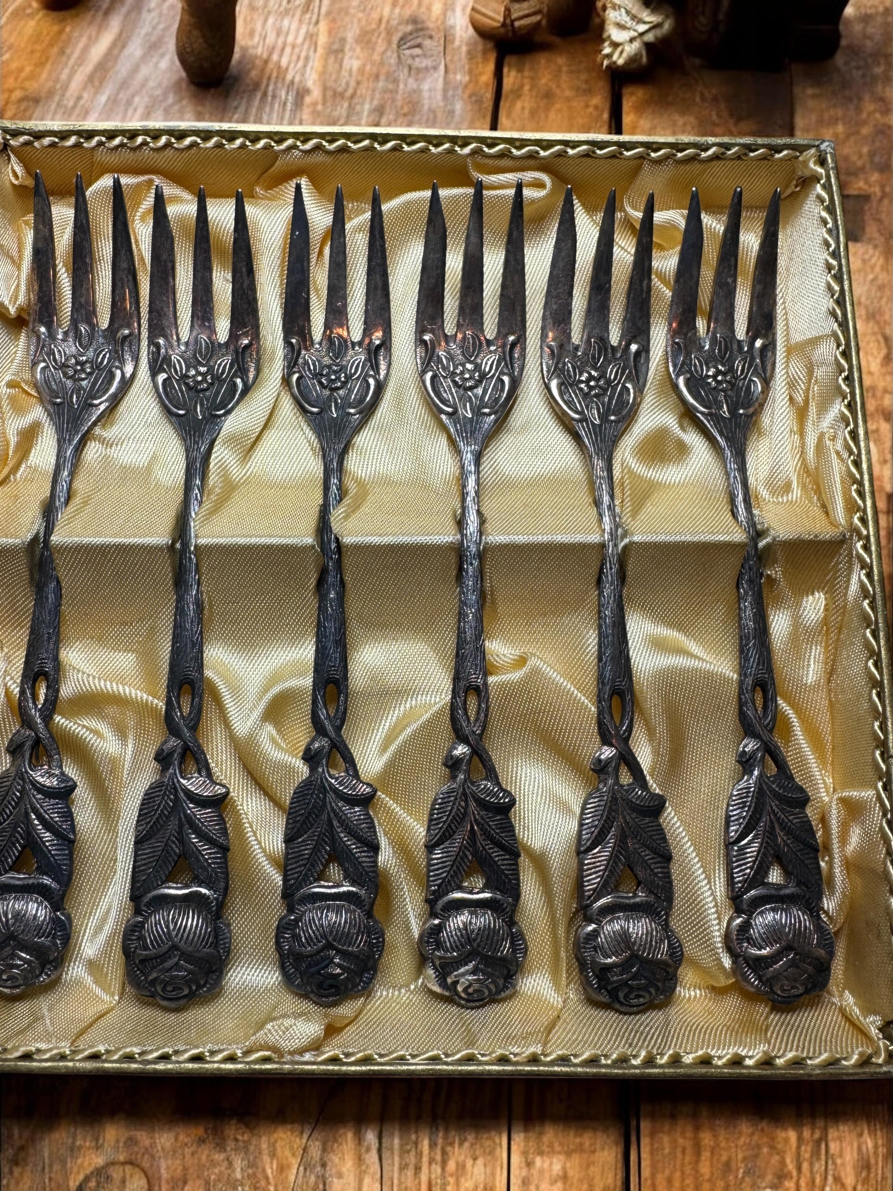 Art Nouveau Hildesheim Rose Silver Plate Cake Fork Flatware Set German, 6 Pieces en venta 5