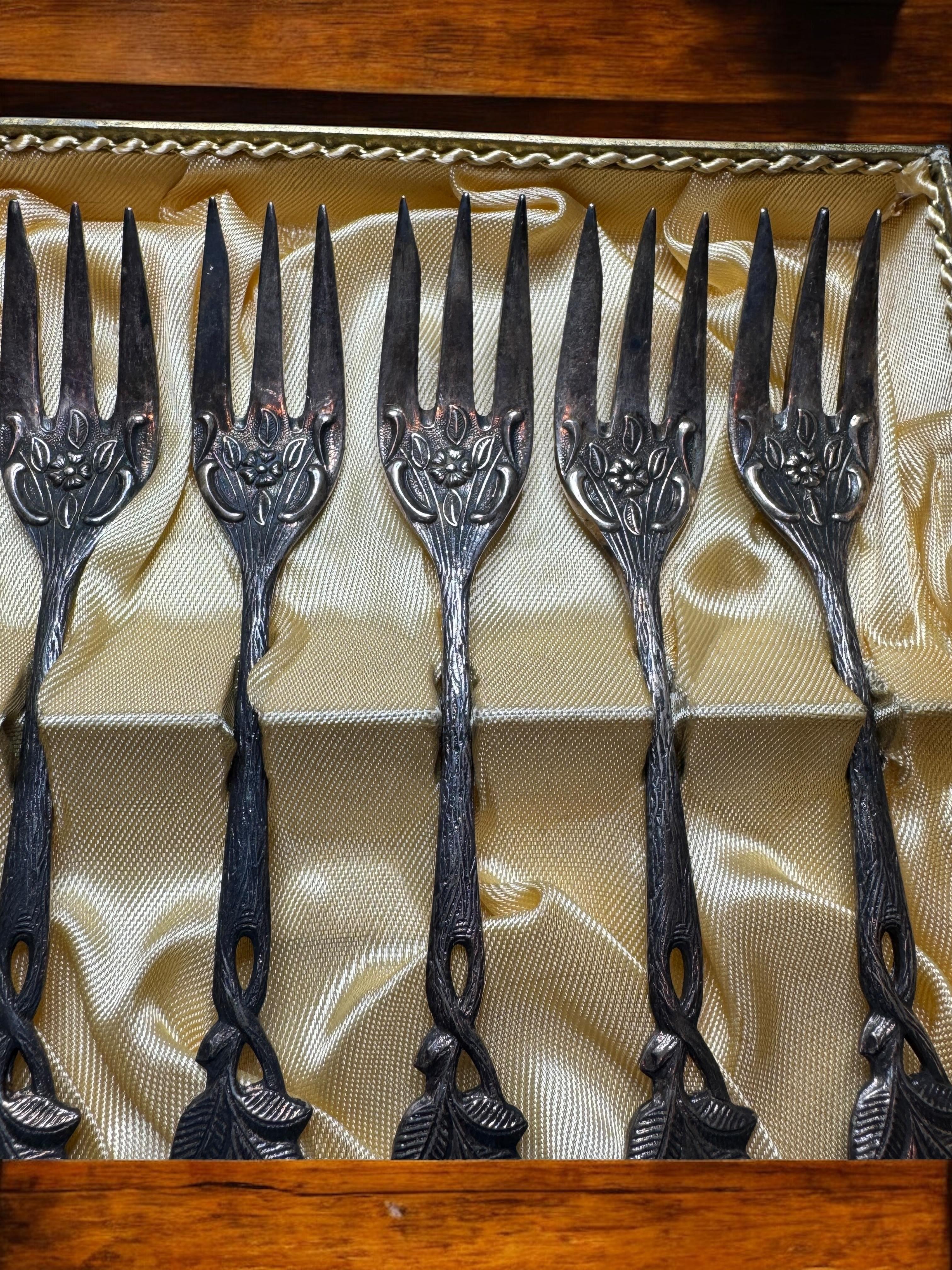 Art Nouveau Hildesheim Rose Silver Plate Cake Fork Flatware Set German, 6 Pieces en venta 6