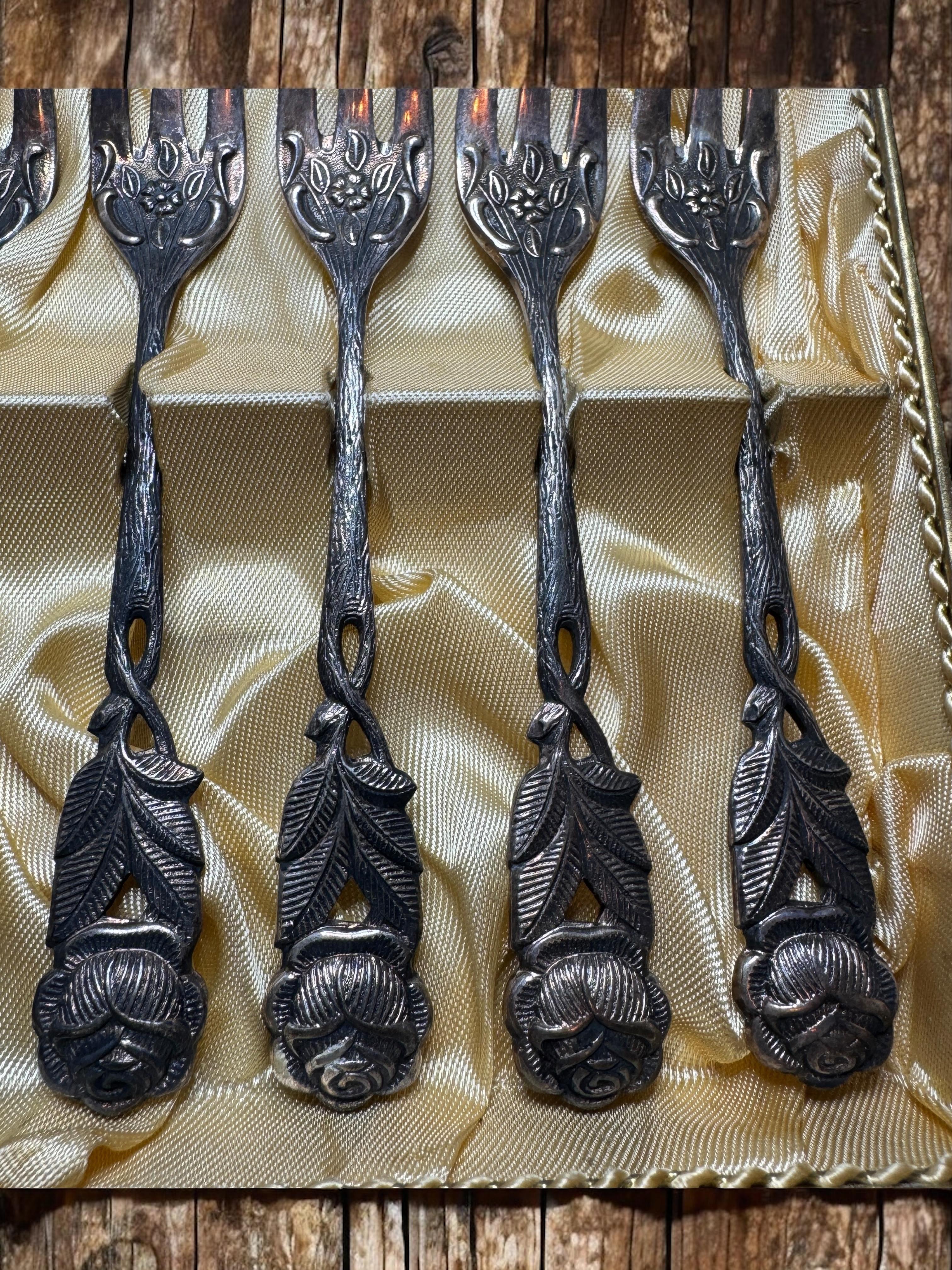 Art Nouveau Hildesheim Rose Silver Plate Cake Fork Flatware Set German, 6 Pieces en venta 7