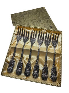 Art Nouveau Hildesheim Rose Silver Plate Cake Fork Flatware Set German, 6 Pieces