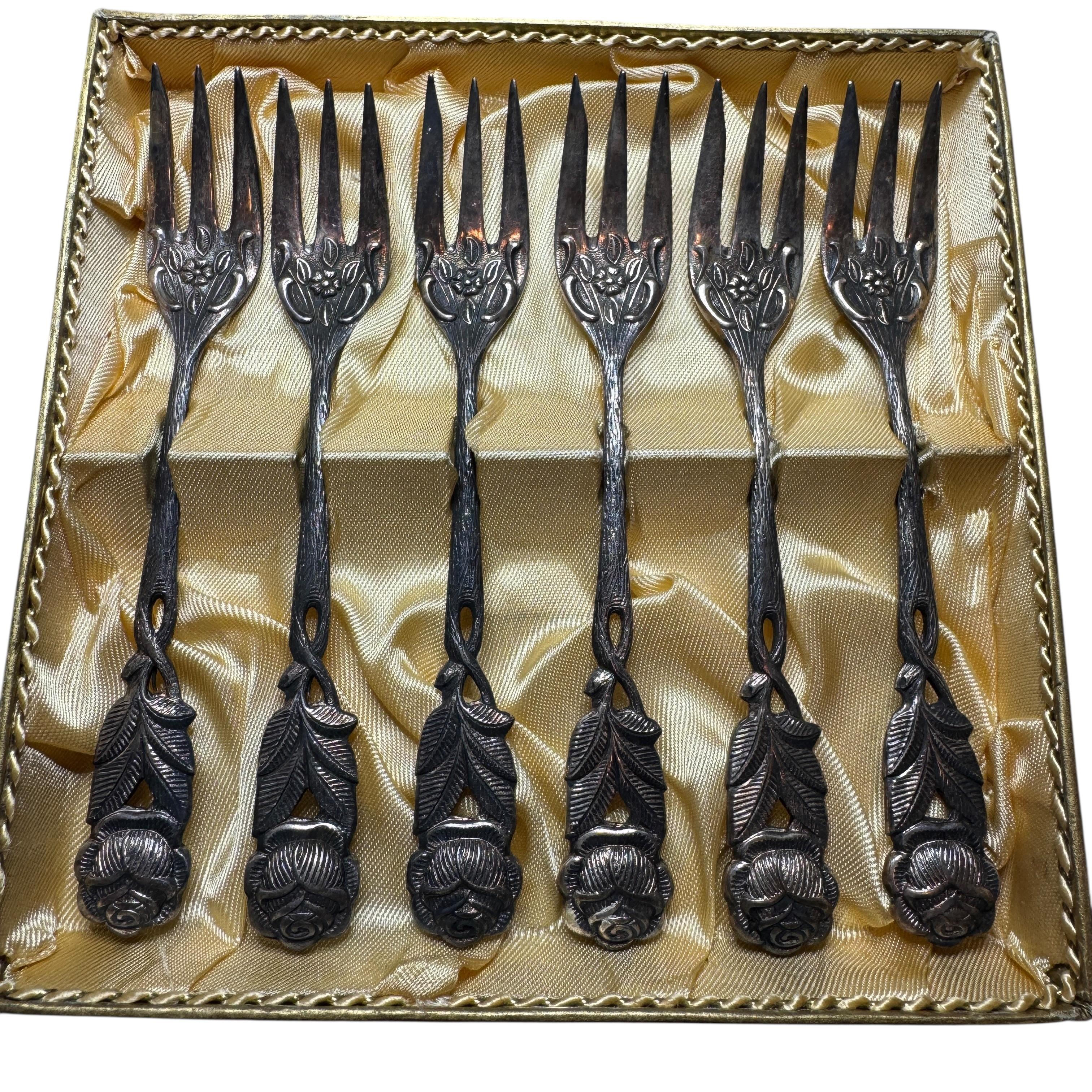 Art Nouveau Hildesheim Rose Silver Plate Cake Fork Flatware Set German, 6 Pieces Alemán en venta