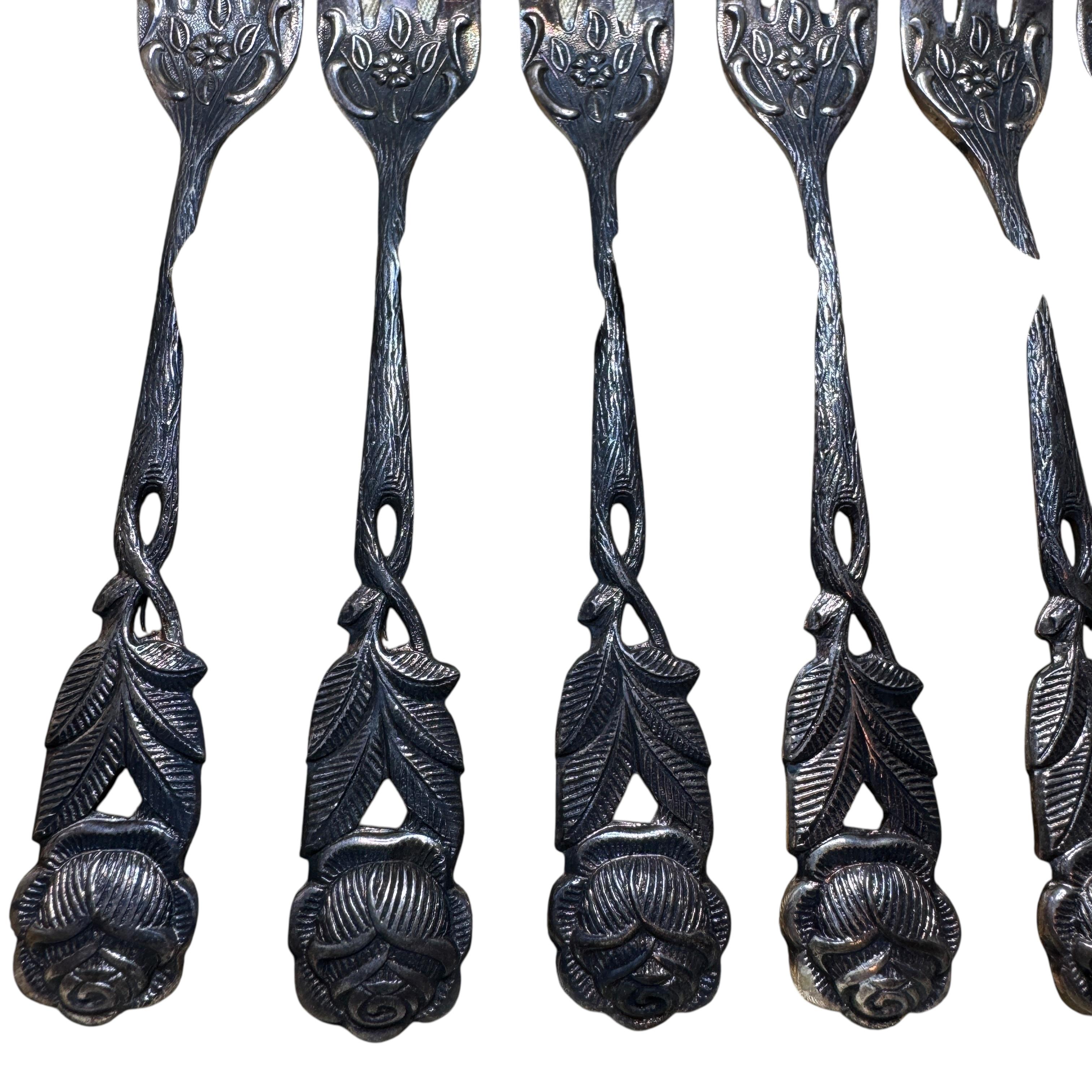 Art Nouveau Hildesheim Rose Silver Plate Cake Fork Flatware Set German, 6 Pieces Chapado en plata en venta
