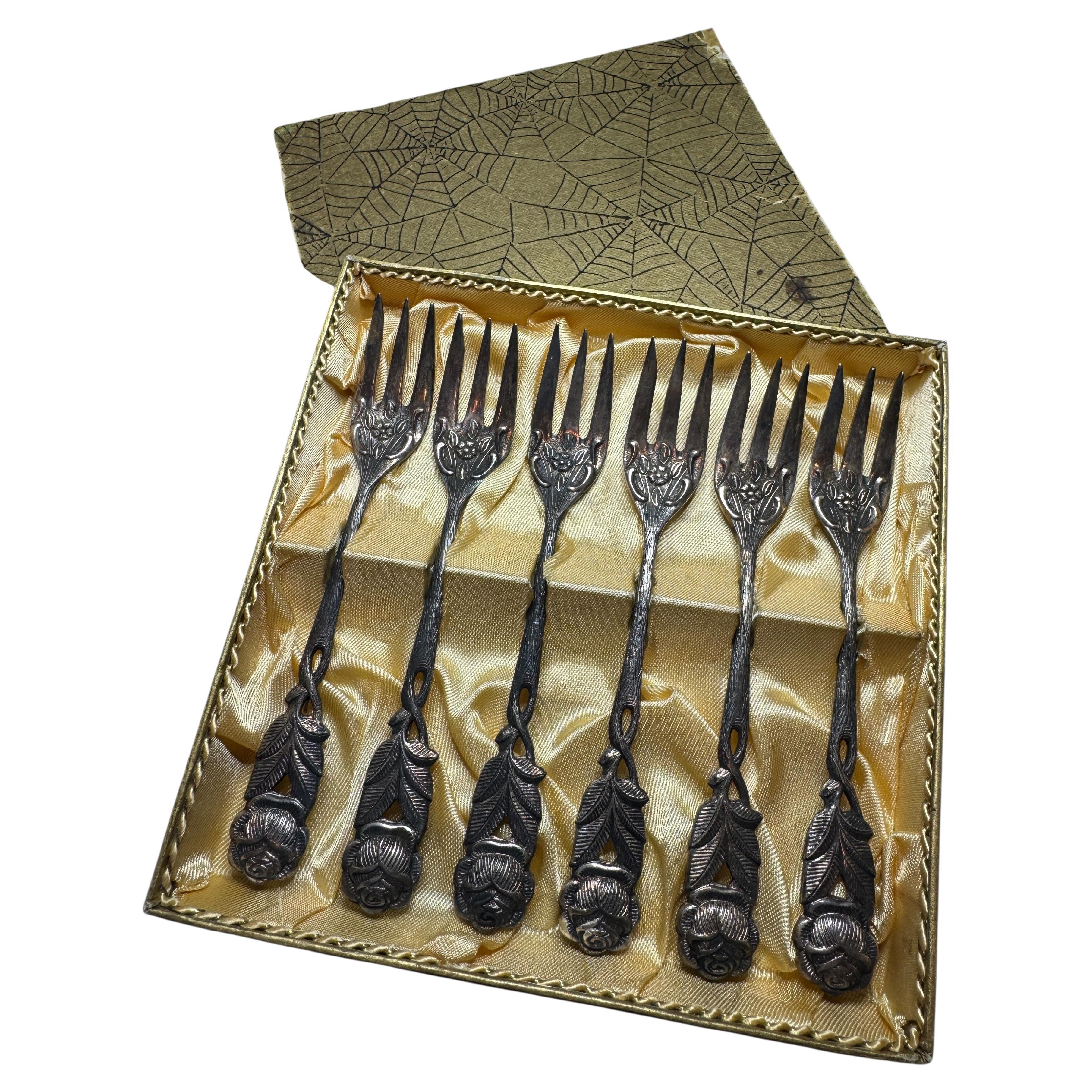Art Nouveau Hildesheim Rose Silver Plate Cake Fork Flatware Set German, 6 Pieces