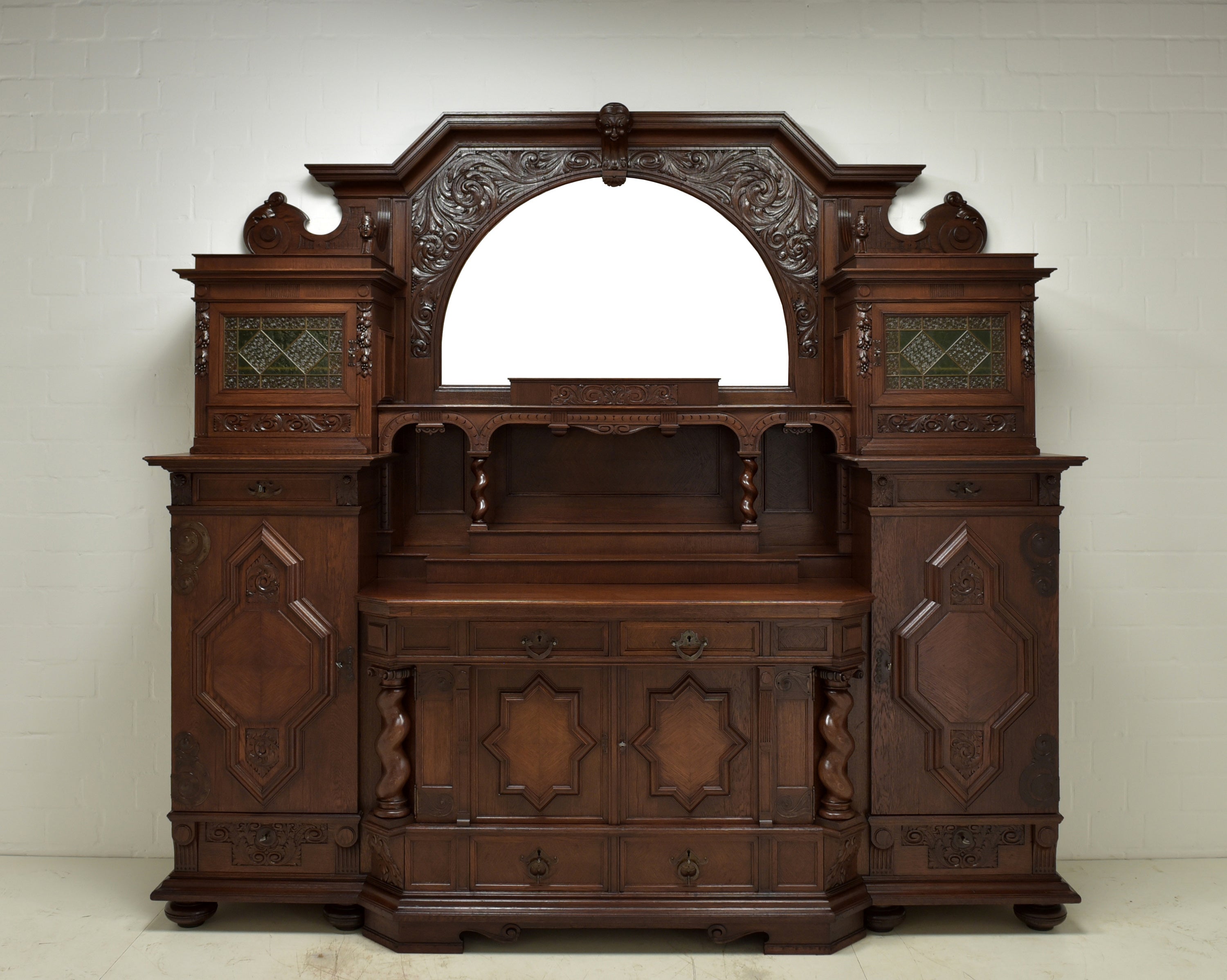 XXL buffet cabinet restored Art Nouveau / historicism oak sideboard

Features:
7-part model with various departments
Very high quality and complex processing
Original high quality fittings
All drawers dovetailed
Combination of stylistic