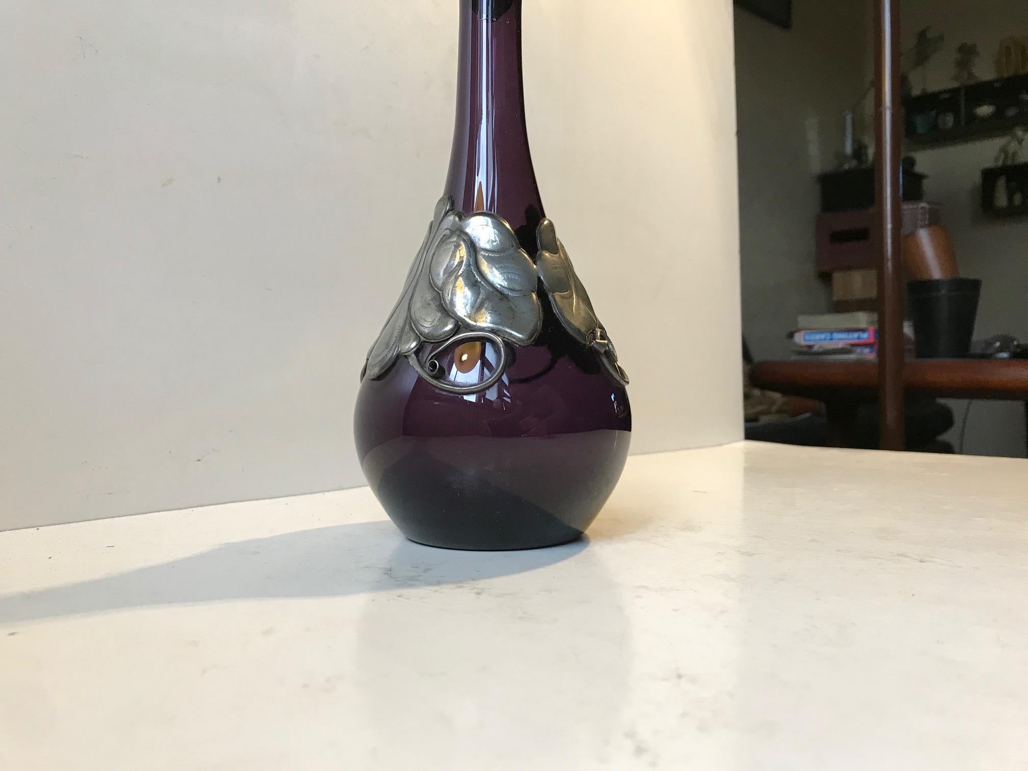 Danish Art Nouveau Holmegaard Decanter in Purple Glass and Pewter, 1920s
