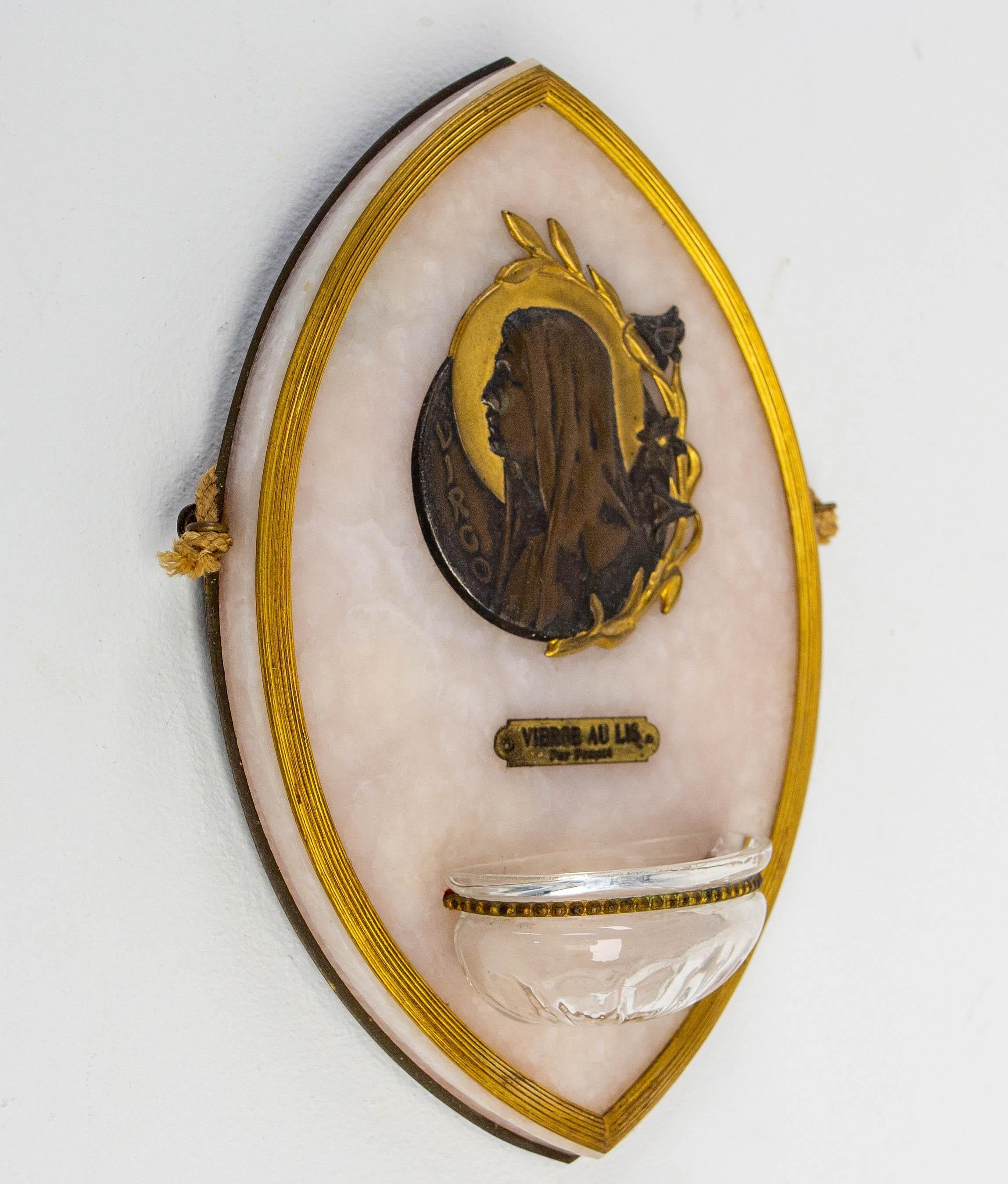 Art Nouveau Holy Water Font Virgin Mary Lily Stone Brass & Glass French In Good Condition For Sale In Labrit, Landes