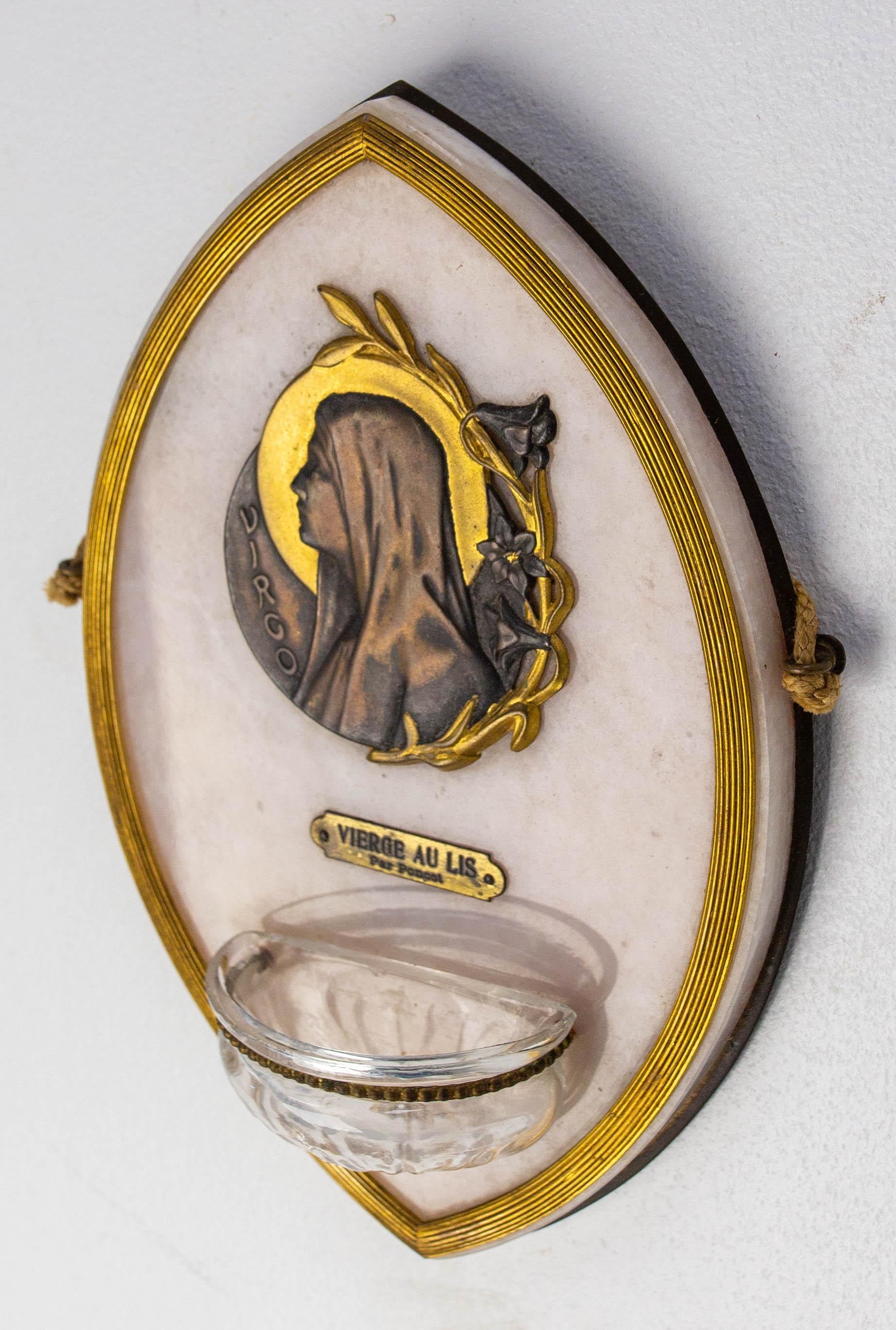 20th Century Art Nouveau Holy Water Font Virgin Mary Lily Stone Brass & Glass French For Sale