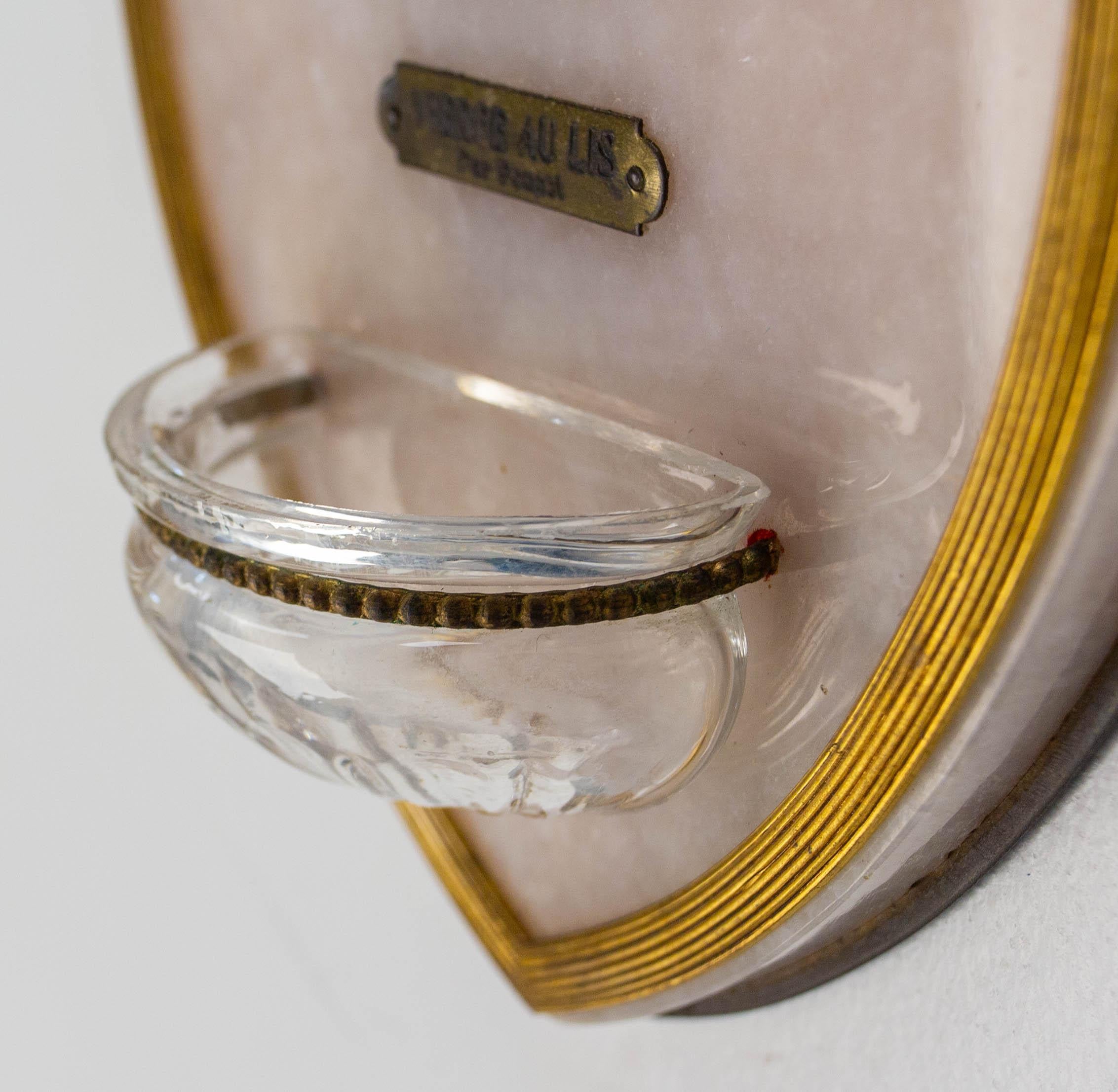 Art Nouveau Holy Water Font Virgin Mary Lily Stone Brass & Glass French For Sale 3
